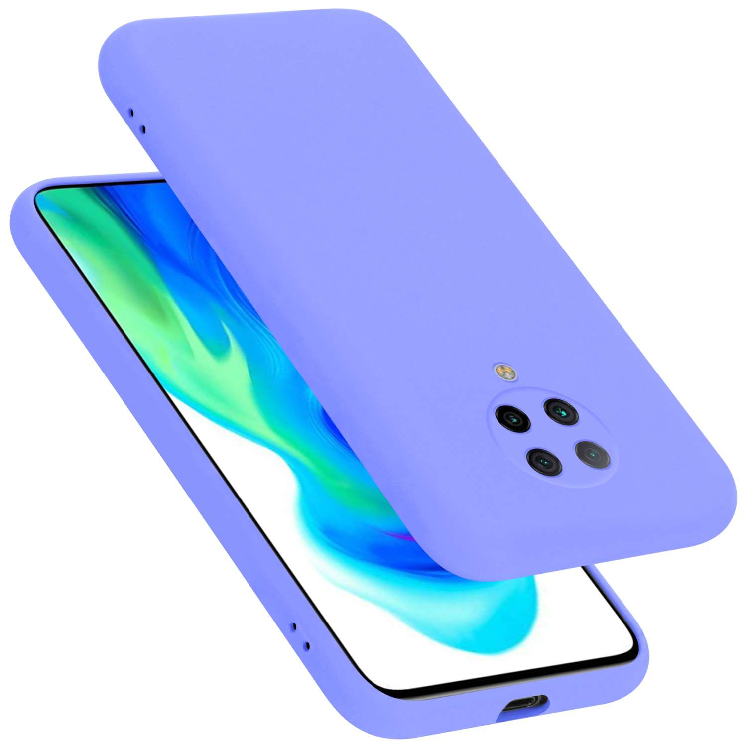 Funda y teléfono morados. La funda está ligeramente levantada. La pantalla muestra una imagen colorida.