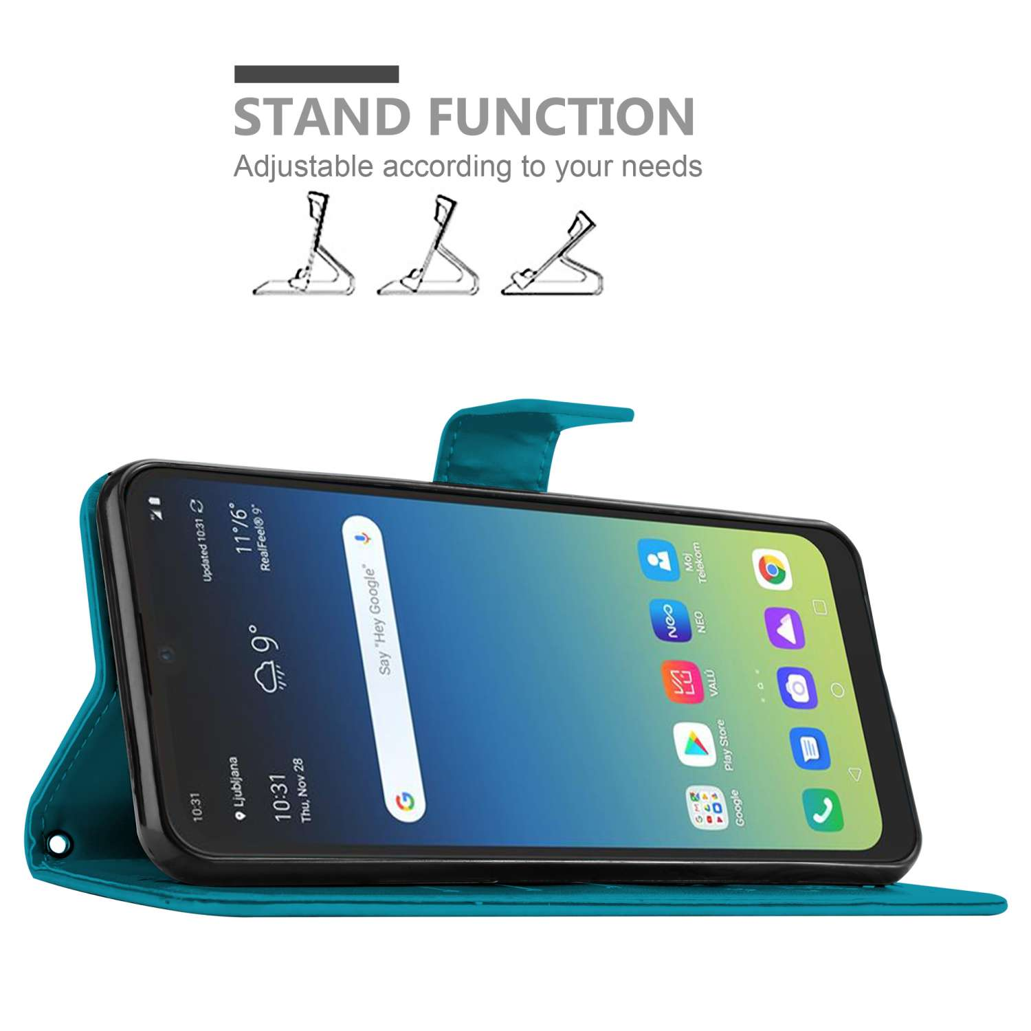 Custodia a portafoglio per telefono, turchese, aperta con telefono in posizione stand, che mostra l'app. Sfondo bianco.
