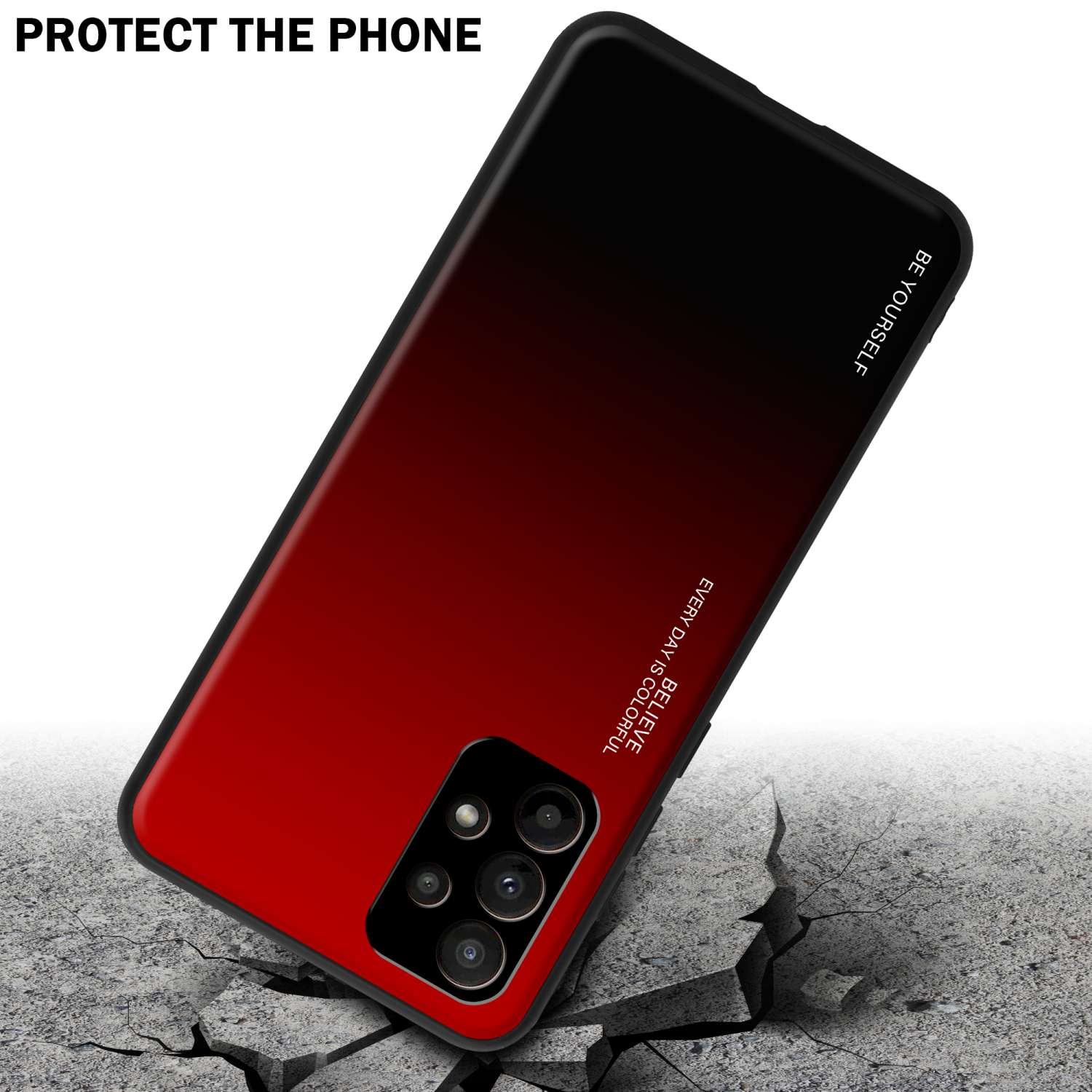Custodia per telefono rossa e nera, con testo sul telefono. Superficie incrinata sottostante.