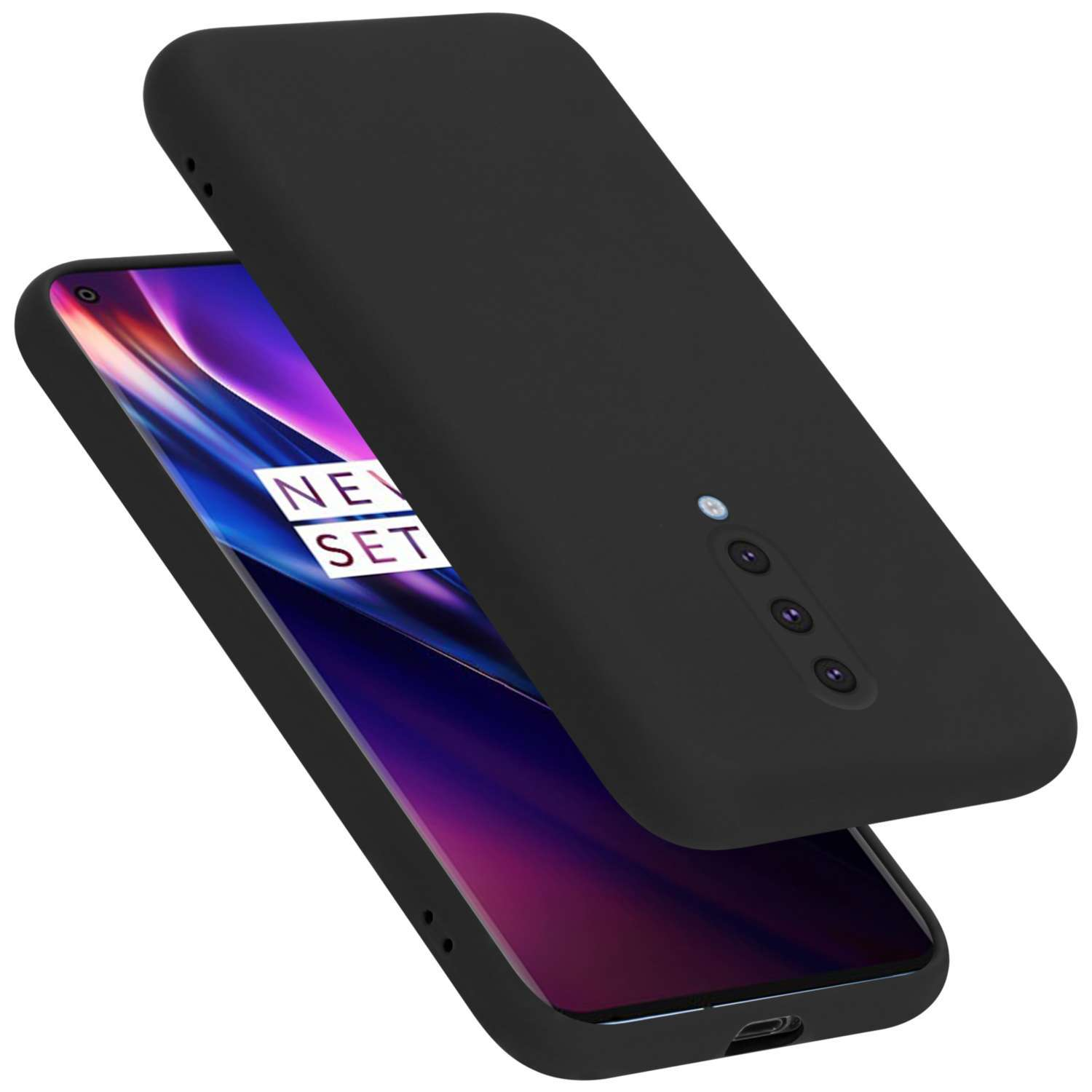 Custodia nera, telefono all'interno con display viola. Custodia leggermente sopra il telefono.
