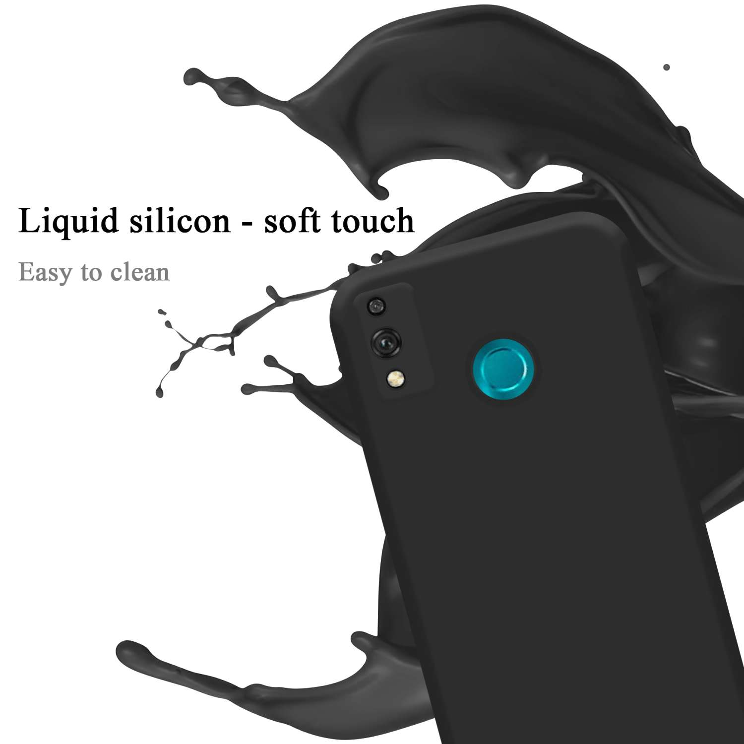 Schwarze Handyhülle mit schwarzen Flüssigkeitsspritzern. Text: Flüssiges Silikon - Soft Touch.