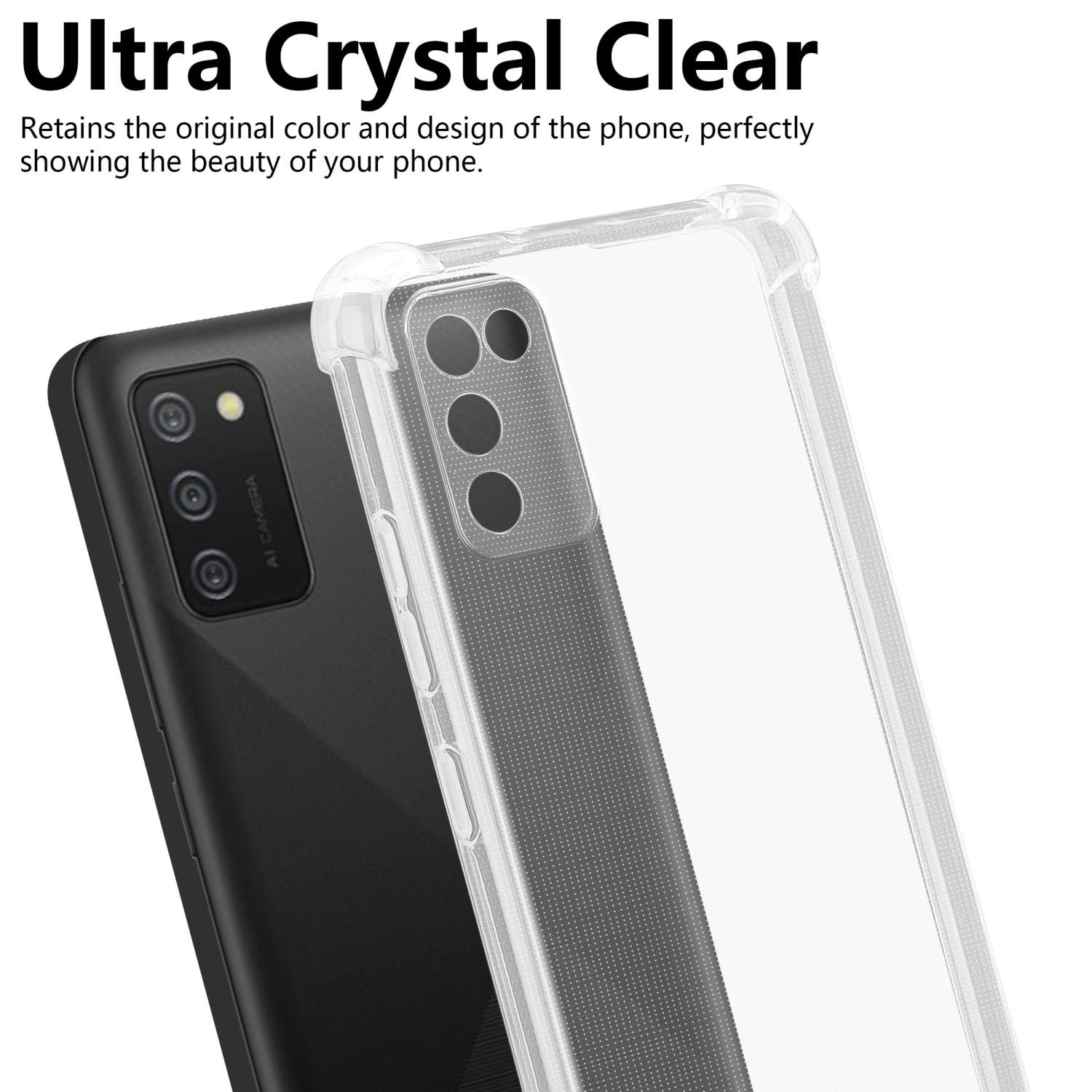 Una custodia per telefono e un telefono. La custodia è trasparente. Il testo dice Ultra Crystal Clear.