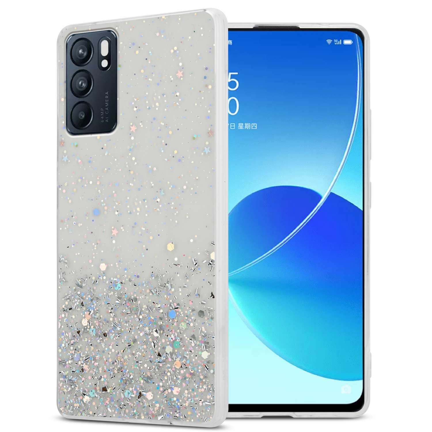 Telefon in Glitzerhülle. Die Hülle hat ein weißes und silbernes Glitzerdesign.