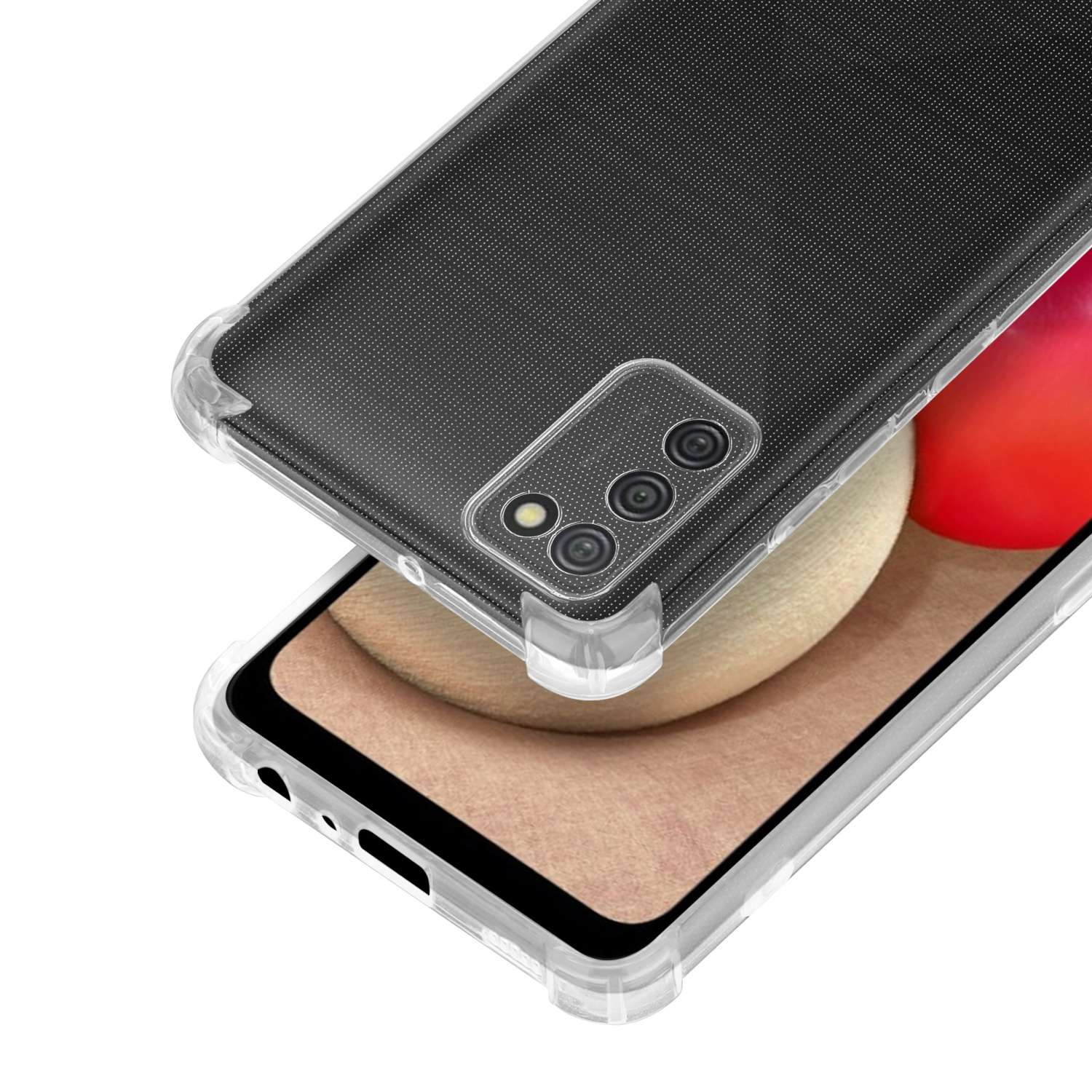 Sono mostrati due telefoni con custodie. Uno è all'interno di una custodia trasparente, l'altro è una custodia nera con più fotocamere.