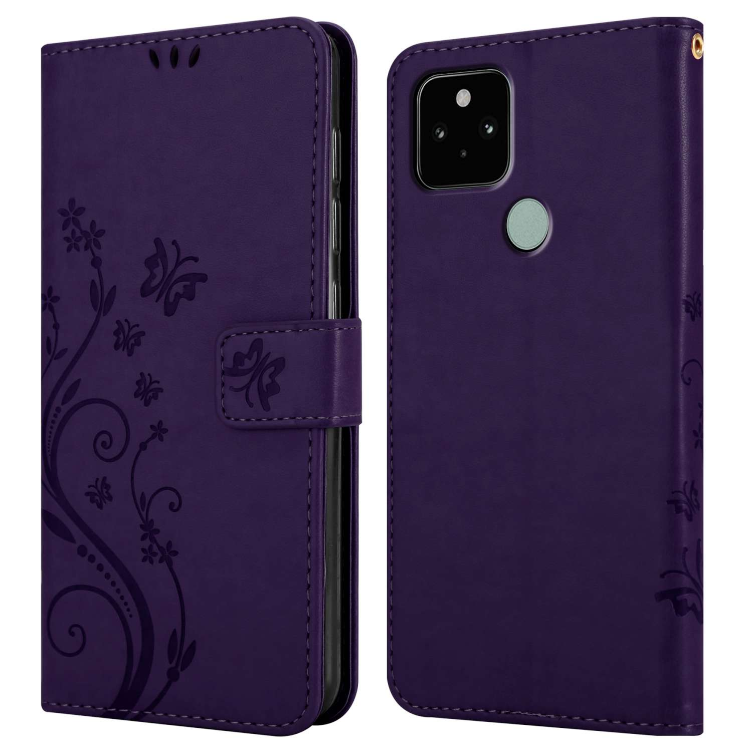 Custodia viola per telefono aperta, che mostra il telefono, con design a farfalla a sinistra.