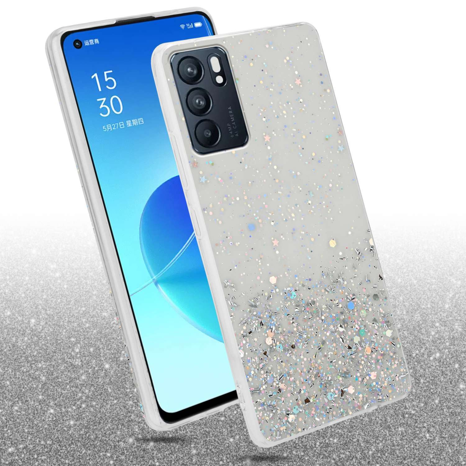Smartphone mit glitzerndem Gehäuse. Das Gehäuse ist transparent mit silbernem Glitzer. Das Telefon ist weiß.