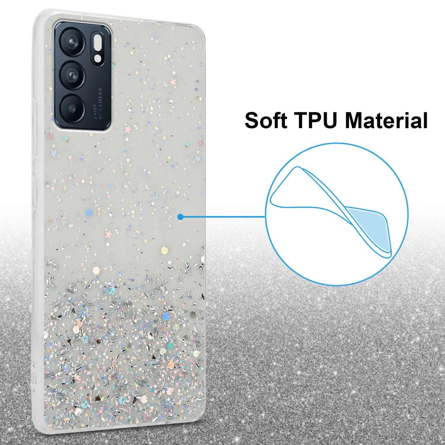 Eine Handyhülle mit Glitzerdesign. Die Hülle ist weiß mit silbernem Glitzer.