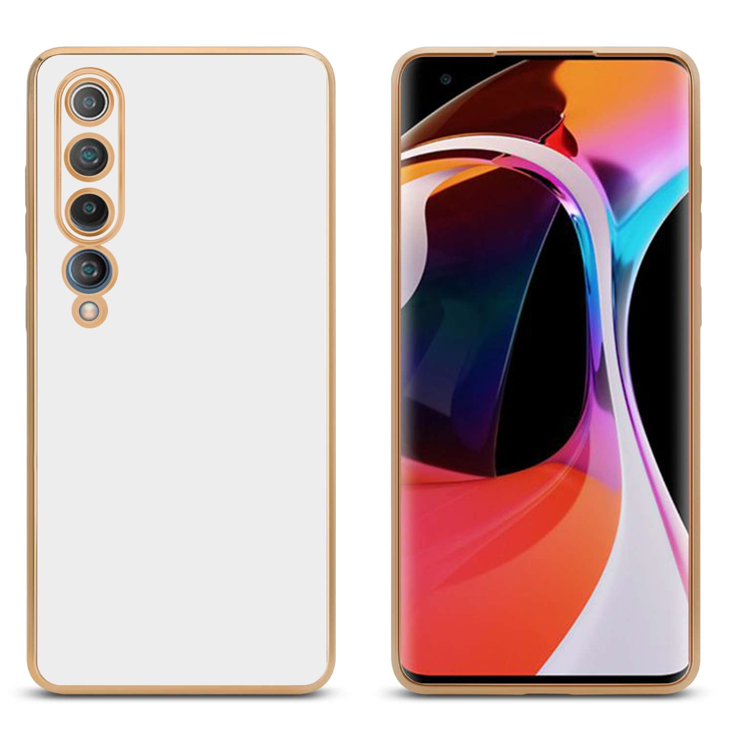 Due telefoni affiancati, uno con retro bianco e cornice dorata, l'altro con schermo.