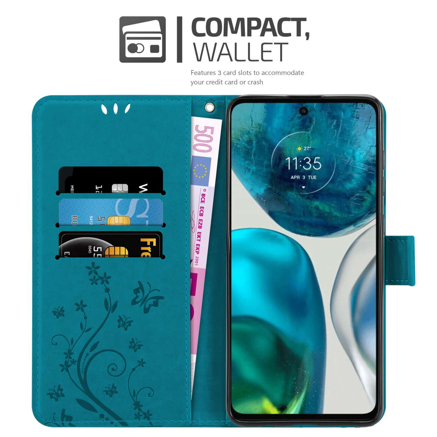 Una custodia per telefono color verde acqua con design a portafoglio, all'interno ci sono carte e denaro.