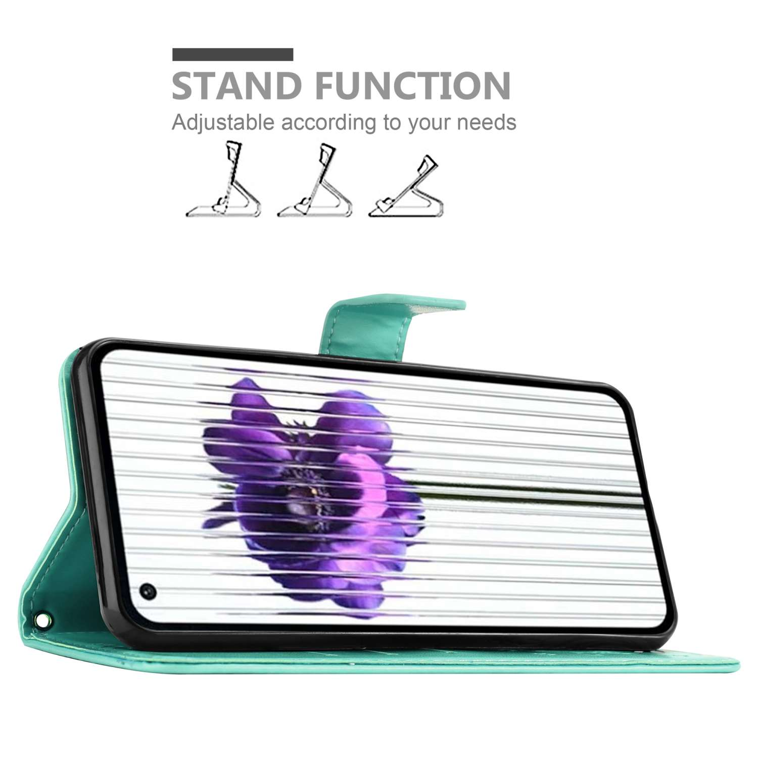 Custodia per telefono verde acqua aperta, che mostra uno schermo del telefono con un'immagine di fiore viola.