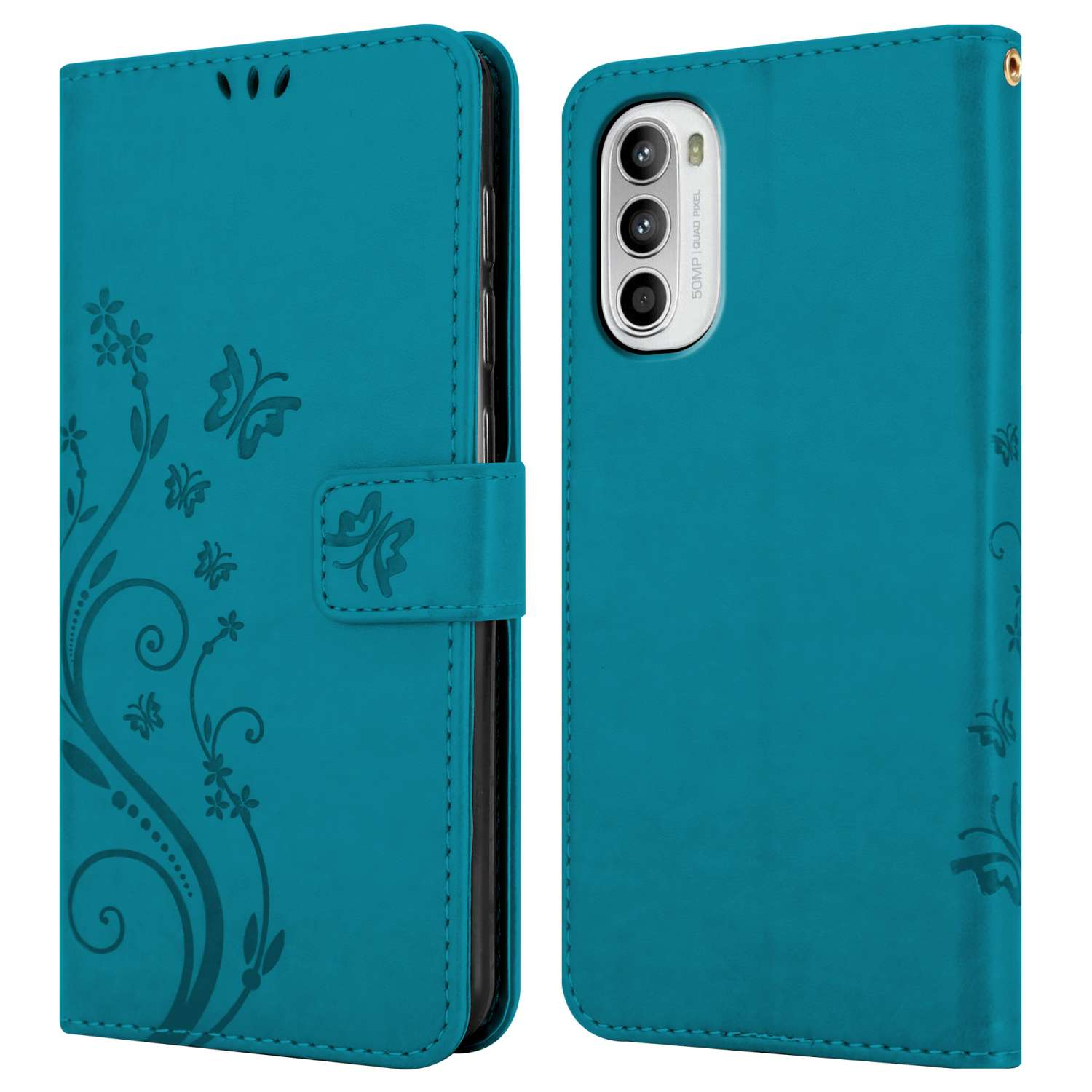 Custodia turchese, design floreale. Custodia aperta che mostra il telefono. Il telefono ha funzioni fotocamera.