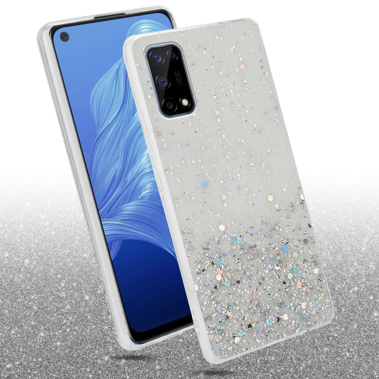 Un telefono con una custodia glitterata. La custodia ha molti glitter.