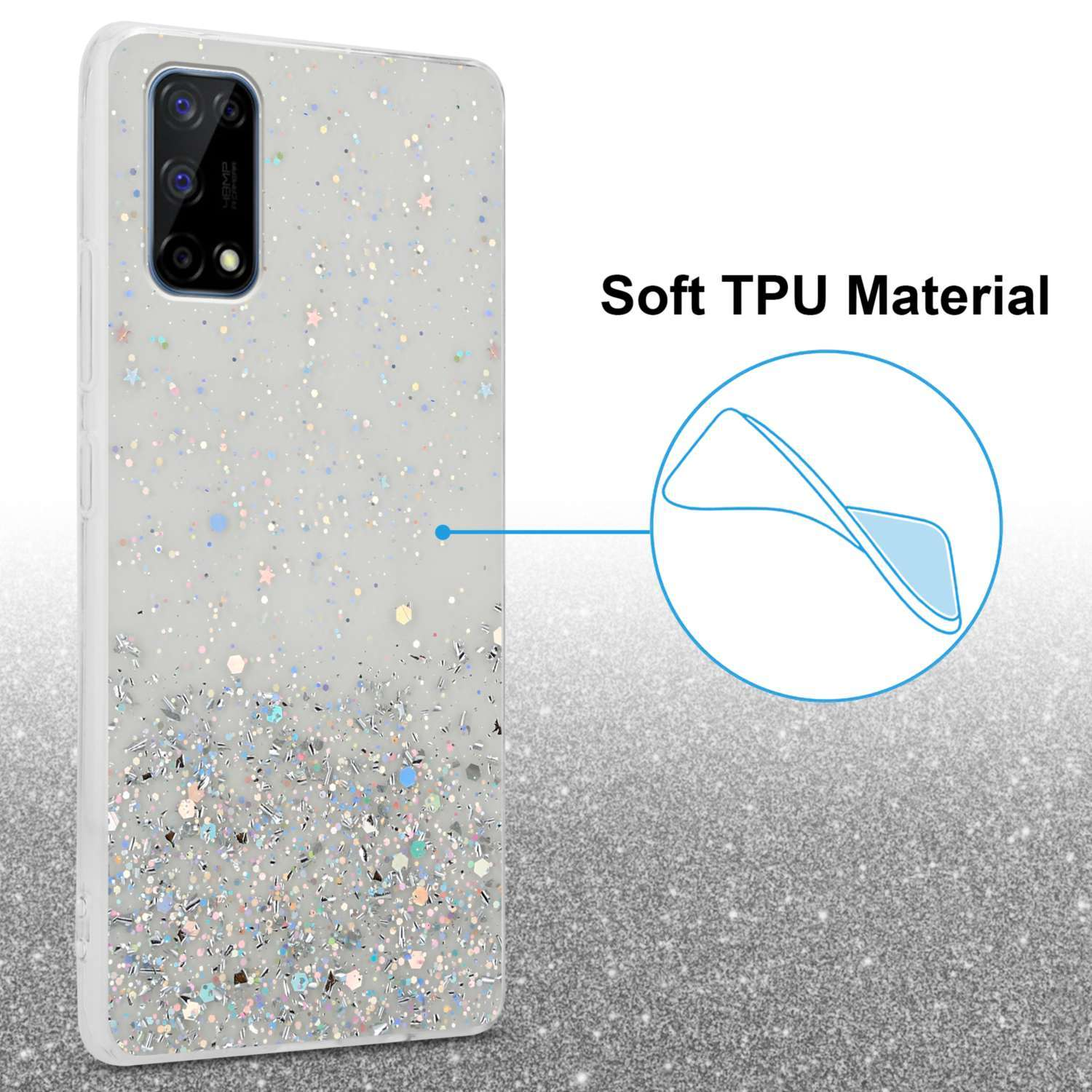 Una custodia per telefono con un design glitterato argentato. La custodia si trova su uno sfondo scintillante e presenta una configurazione della fotocamera.