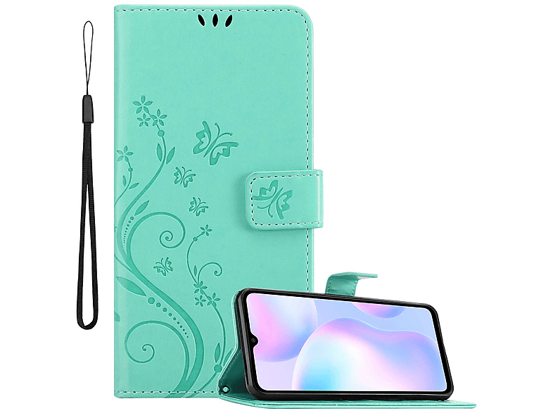 CADORABO Hülle Blumen Muster Flower Case, Bookcover, Xiaomi, RedMi 9A / RedMi 9AT, FLORAL TÜRKIS