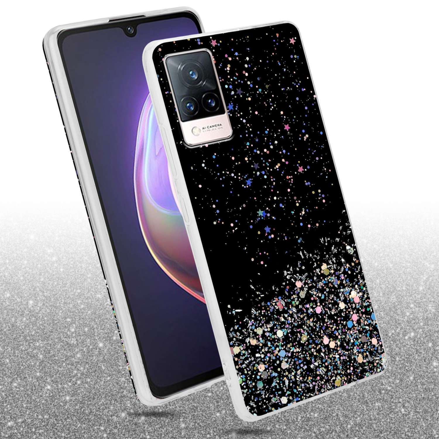 Un telefono in una custodia nera con glitter sul retro. Il telefono è accanto a un altro telefono.