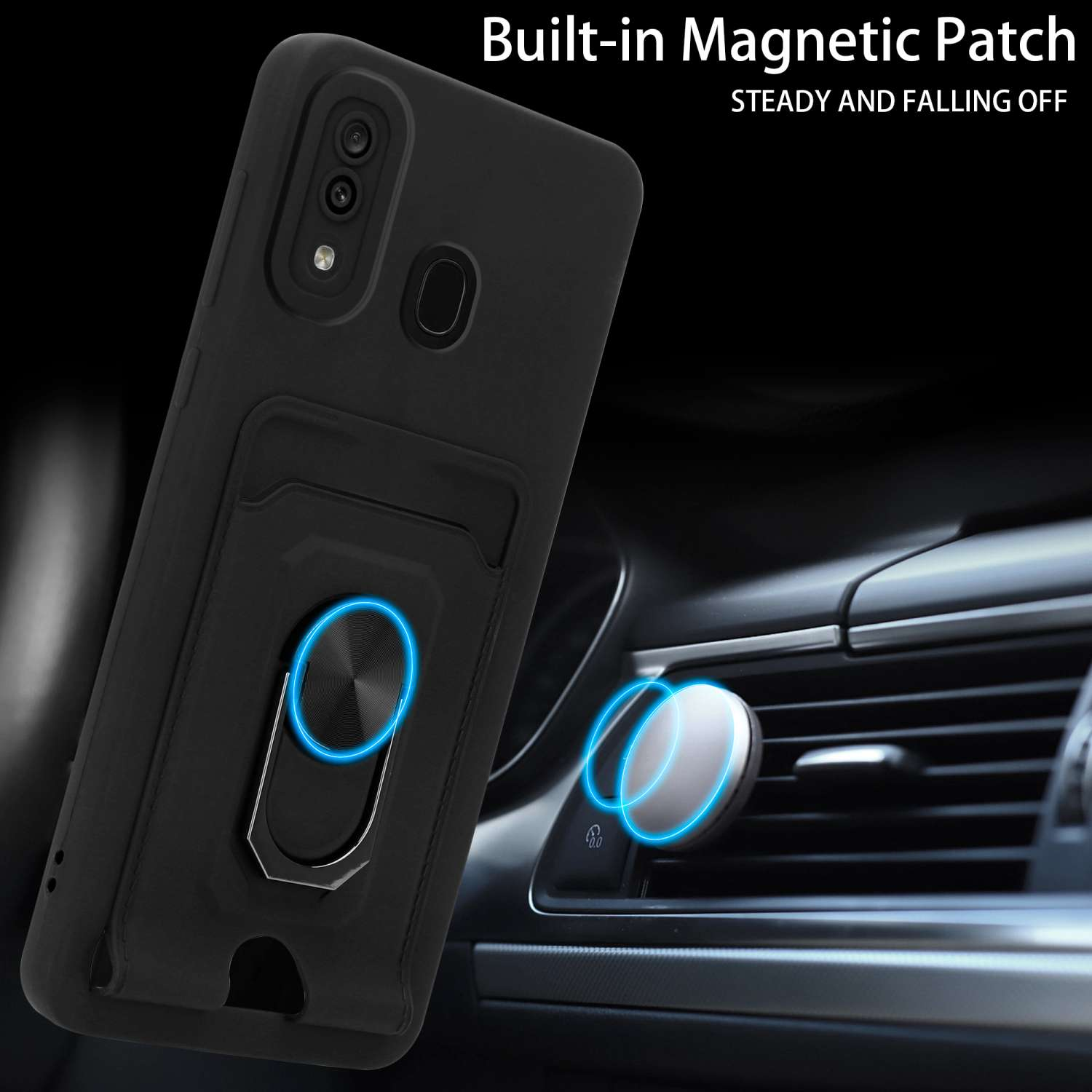 Eine schwarze Handyhülle mit magnetischem Ringhalter im Auto. Text: 'Eingebauter Magnetpatch'.