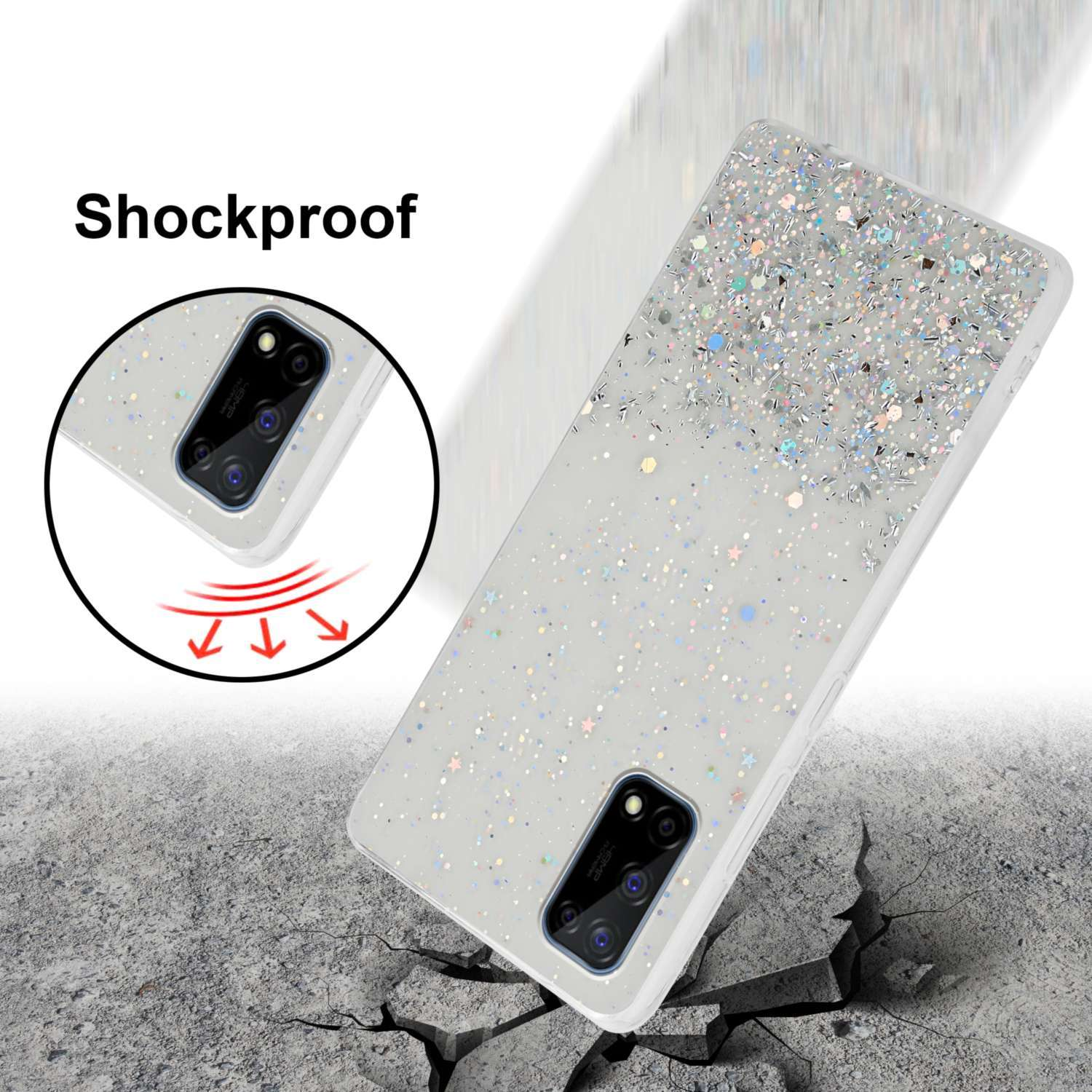 Una custodia per telefono con un design glitterato. La custodia è su una superficie incrinata, con frecce che indicano la resistenza agli urti.