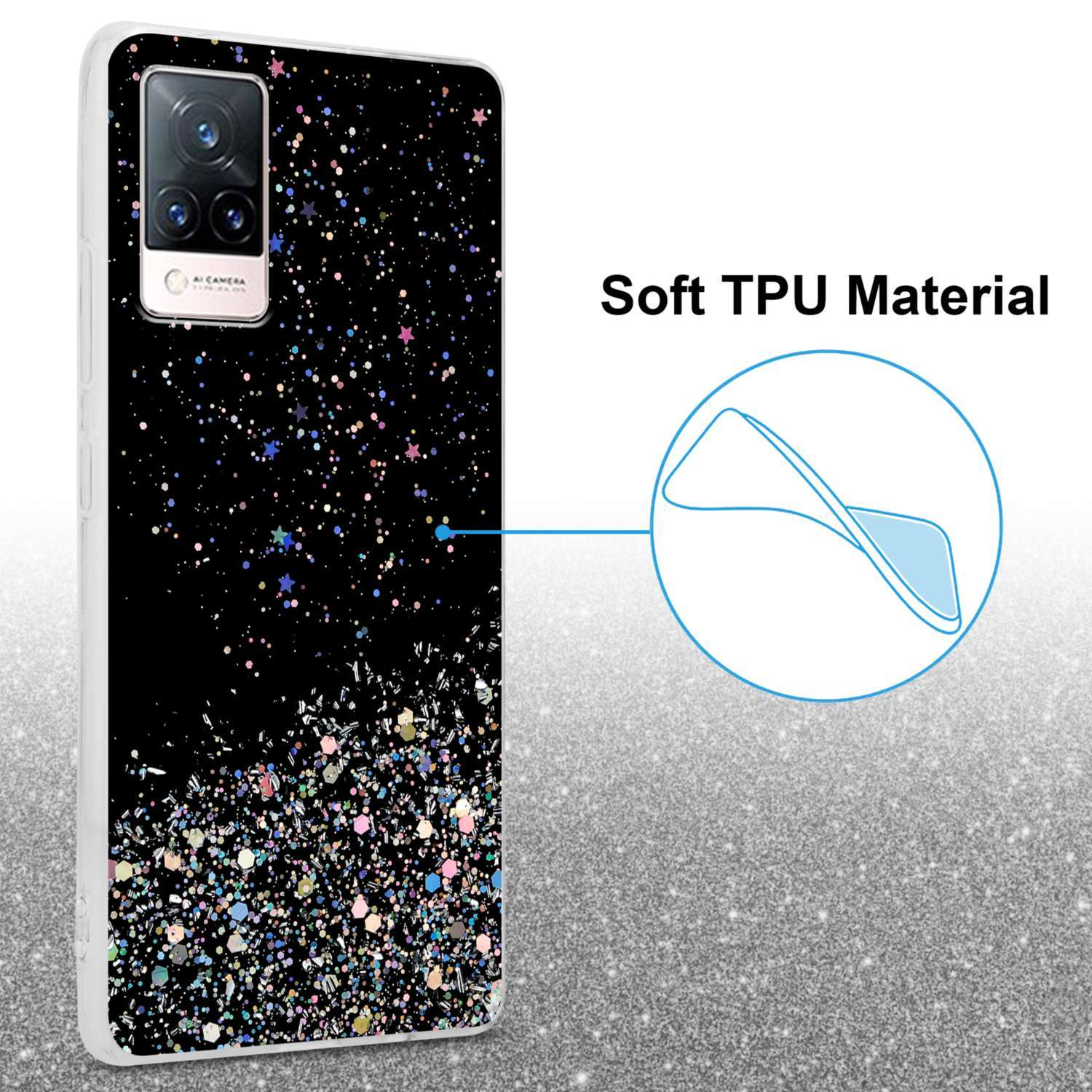 Custodia per telefono nera con effetto glitter. Testo: Materiale TPU morbido.