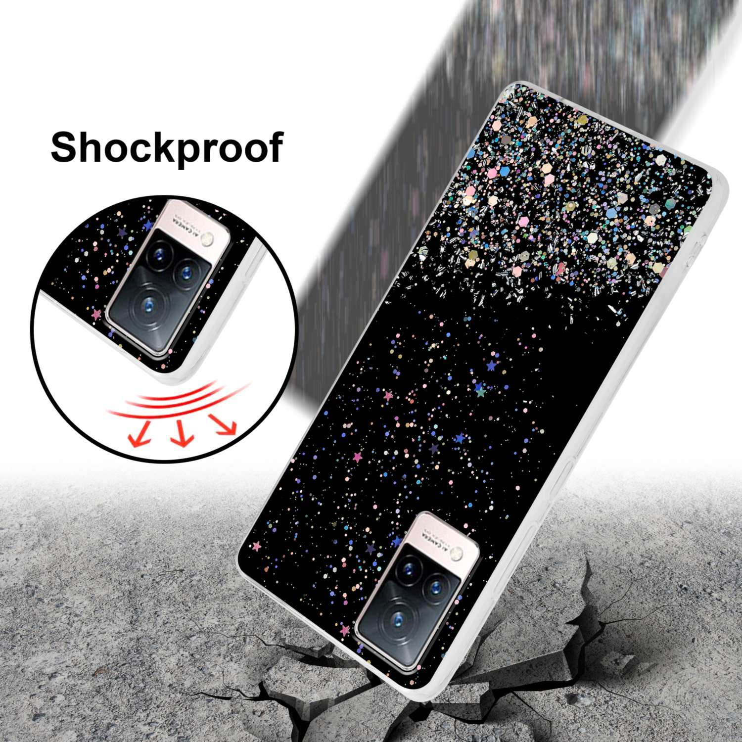 Custodia per telefono nera con glitter, superficie incrinata e un telefono.