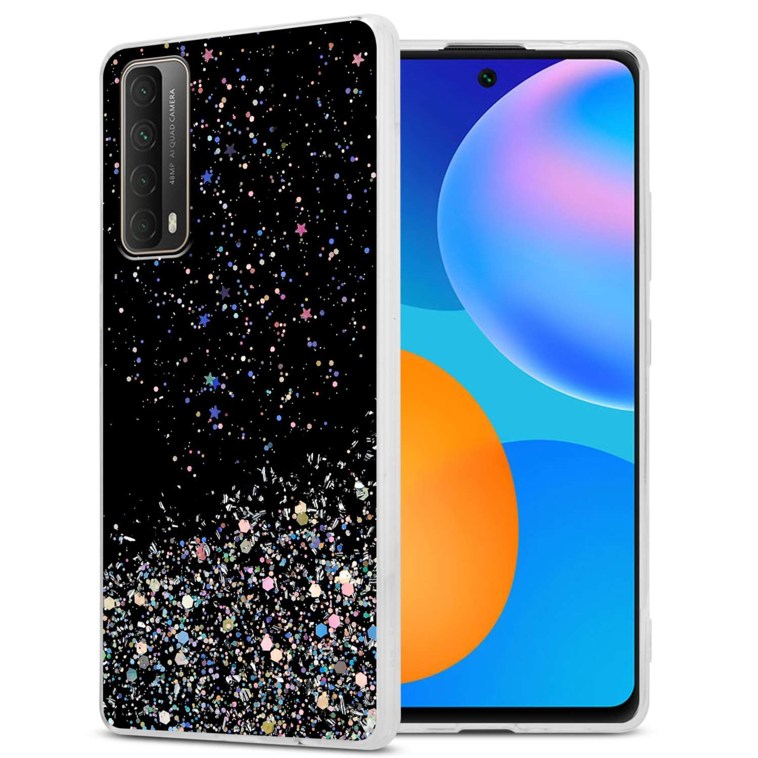 Custodia per telefono con un design glitterato nero sul retro. Lo schermo mostra un'immagine colorata.