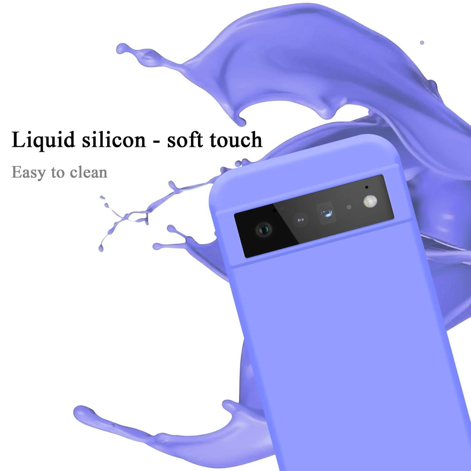 Custodia per telefono lilla, silicone liquido soft touch, facile da pulire. Telefono con fotocamera all'interno.