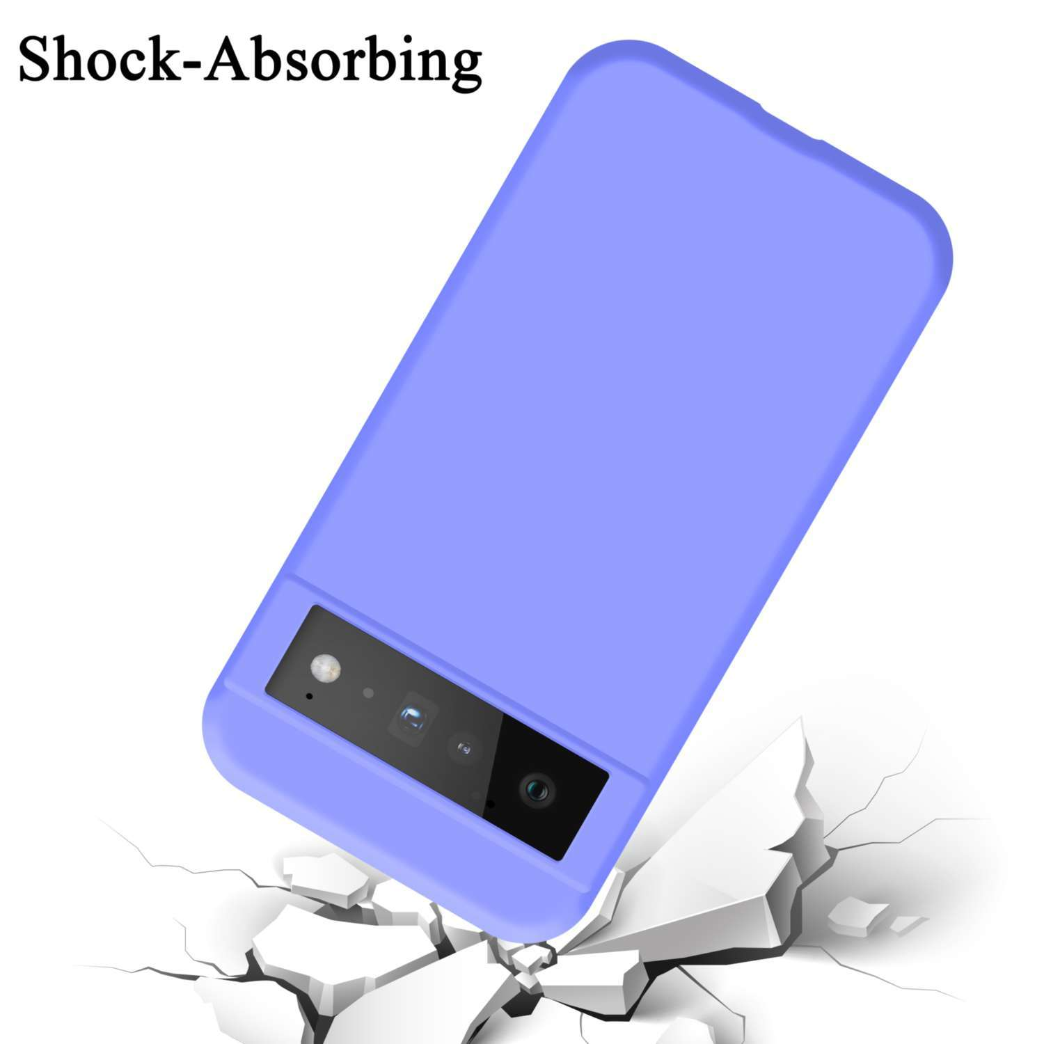 Una custodia viola per telefono che cade su un terreno crepato, con testo 'Shock-Absorbing'.