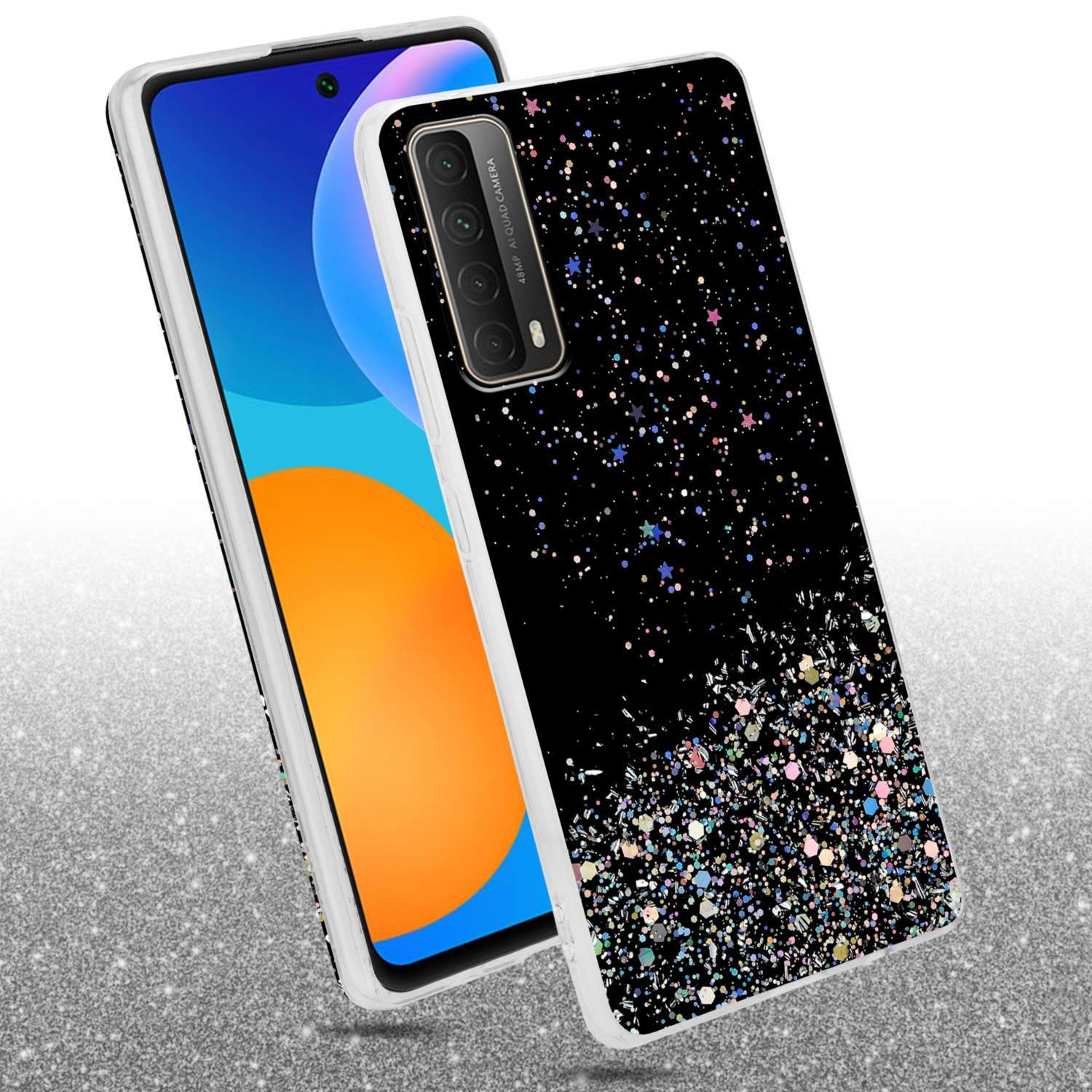 Un telefono in una custodia nera con un design glitterato, accanto a un telefono con schermo blu.