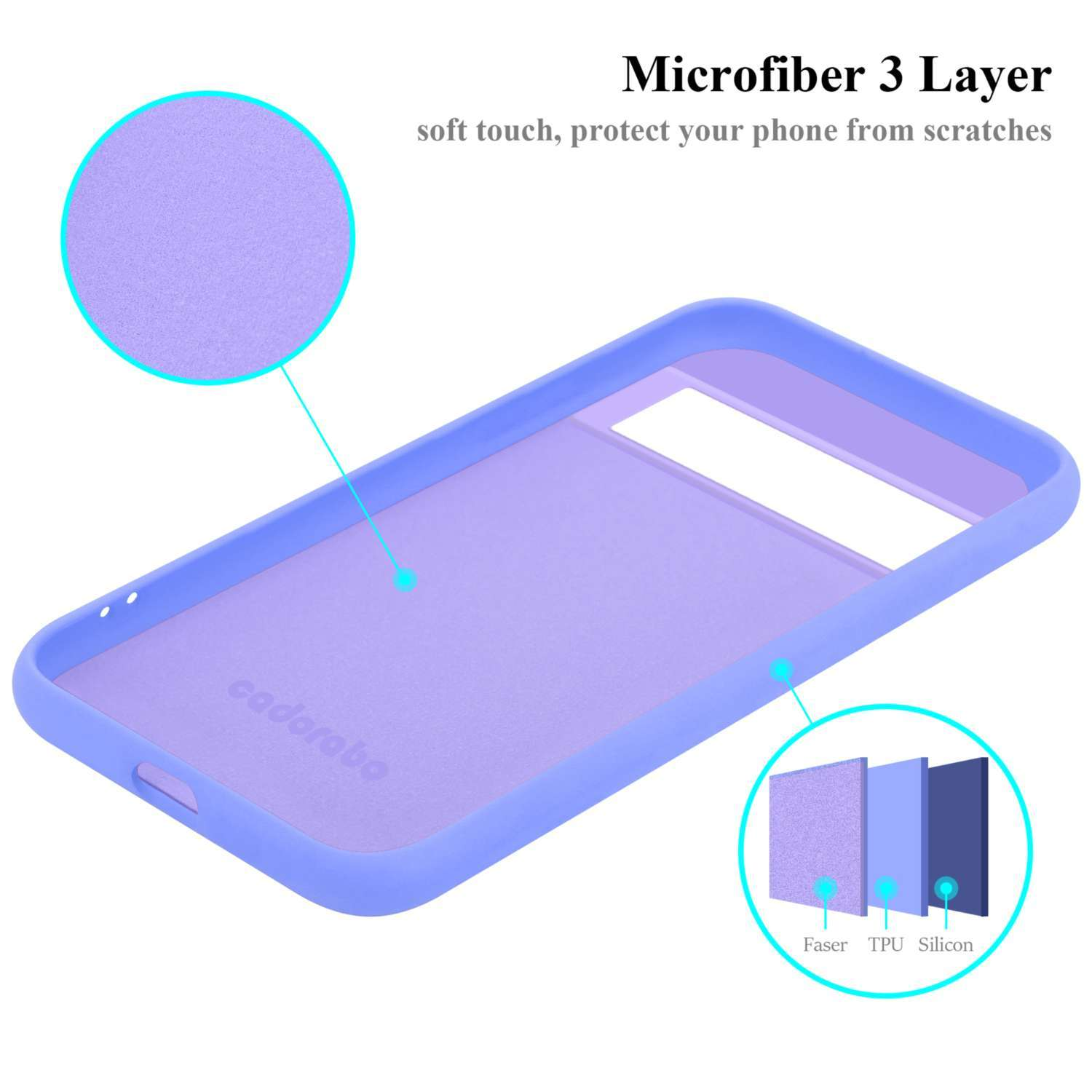 Interno della custodia viola del telefono con testo 'cadorabo'. Testo 'Microfiber 3 Layer' e dettaglio strato.
