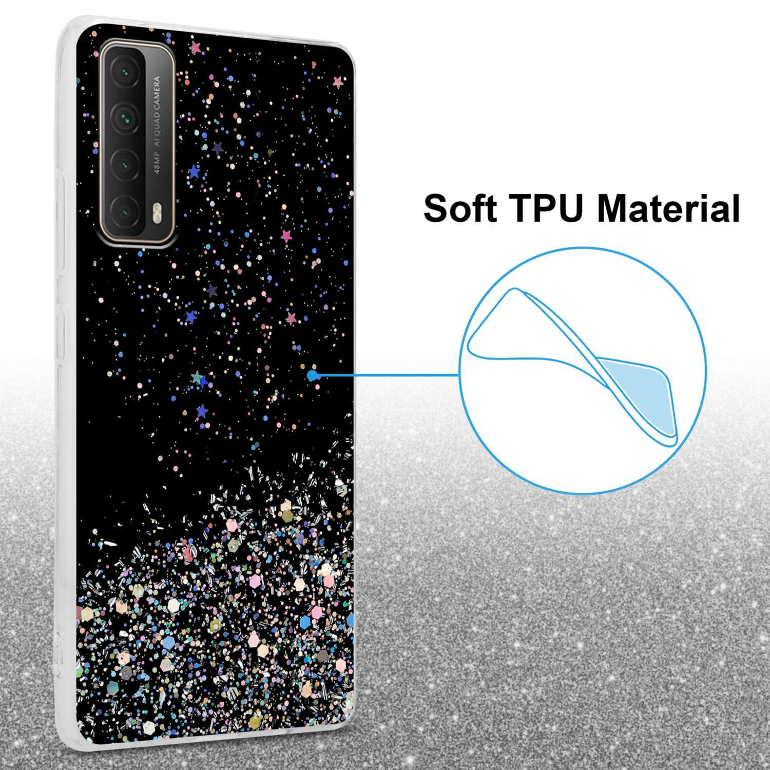 2021, Glitter, mit CADORABO Schwarz Backcover, Glitter mit Schutzhülle Huawei, SMART P funkelnden