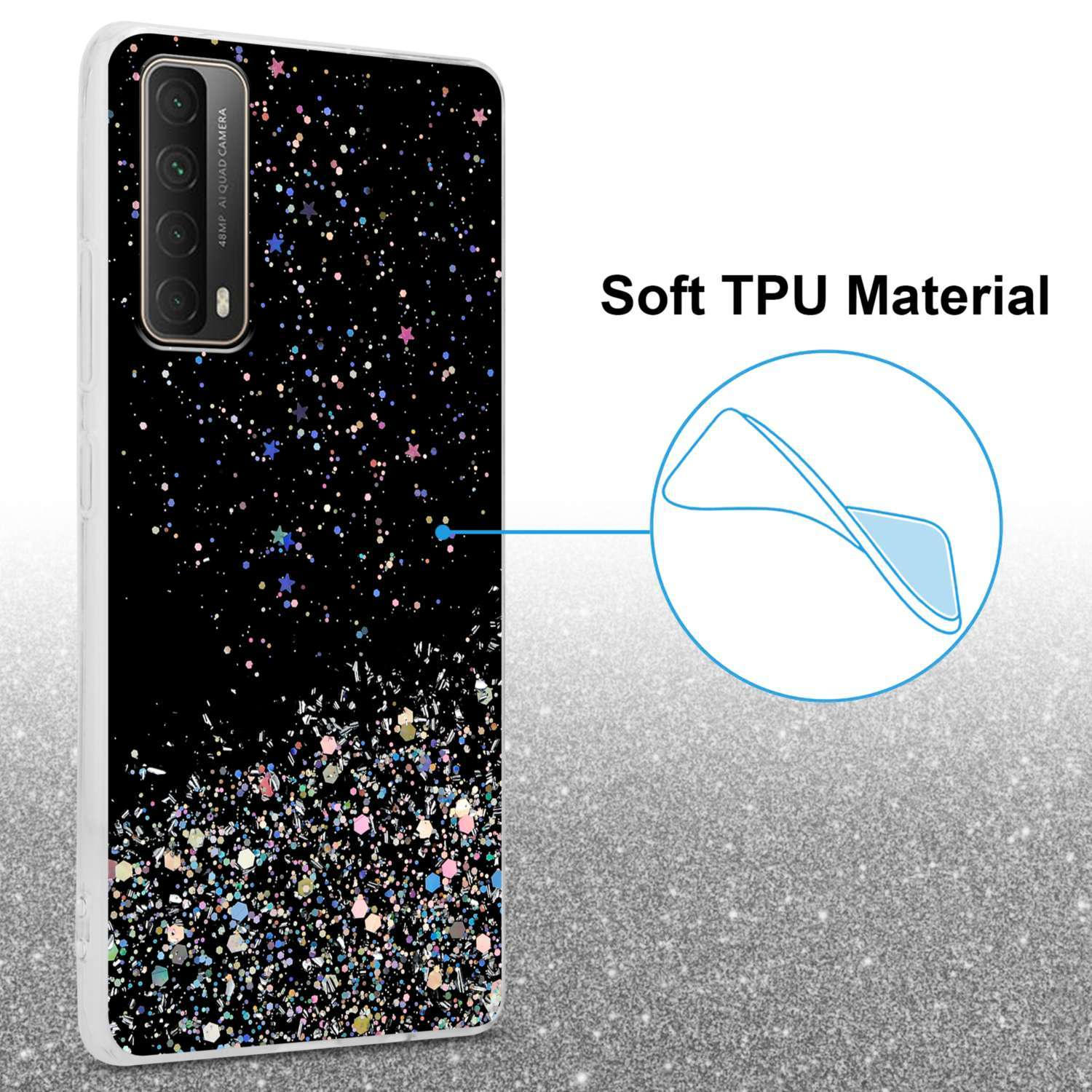 Una custodia per telefono nera con fondo glitterato e un morbido materiale TPU.