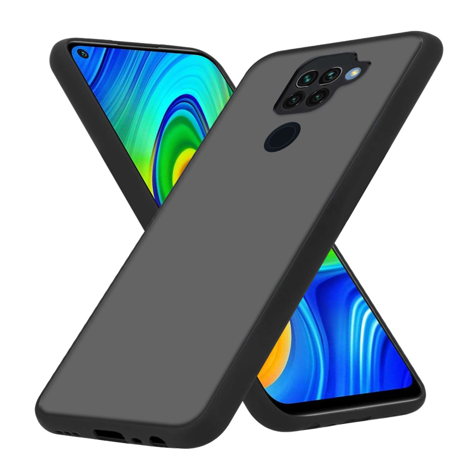 Due telefoni con custodie grigie. Uno mostra uno schermo colorato. Le custodie sono angolate.