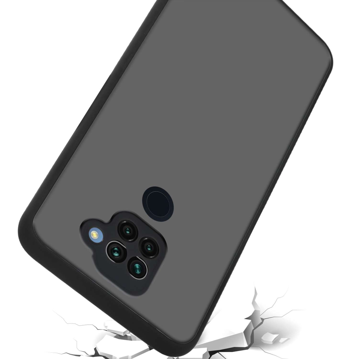 Custodia per telefono nera con ritaglio per la fotocamera. Il telefono è nero e grigio su una superficie bianca.