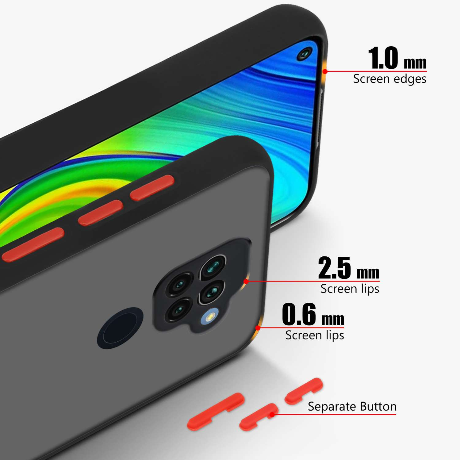 Custodia nera per telefono con dettagli rossi, che mostra i bordi dello schermo e il design dei pulsanti.