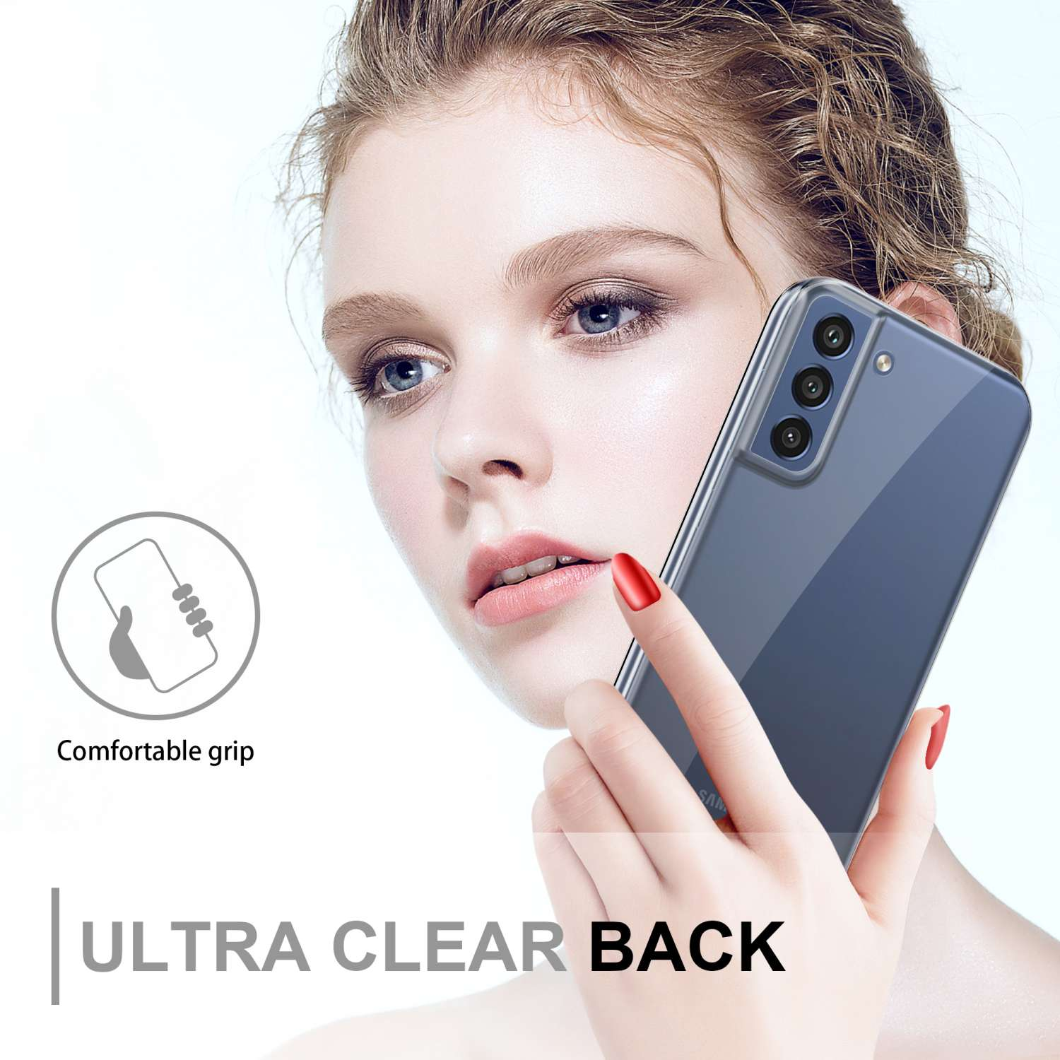 Donna che tiene in mano un telefono con retro trasparente. Testo: Ultra Clear Back, Impugnatura confortevole. Smalto rosso, primo piano.