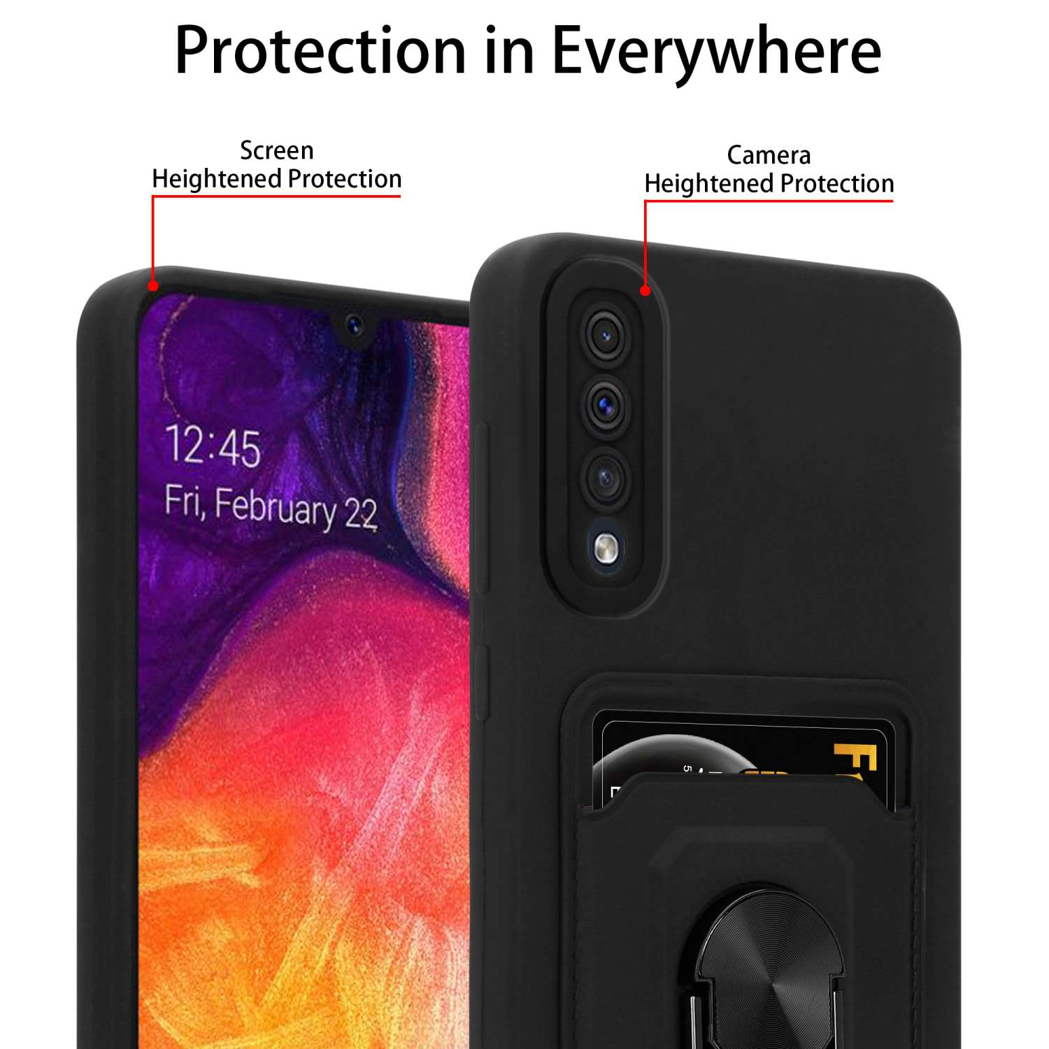 Téléphone dans un étui noir, montrant la protection de l'écran et de la caméra. Souligne la protection de hauteur de l'écran et de la caméra.
