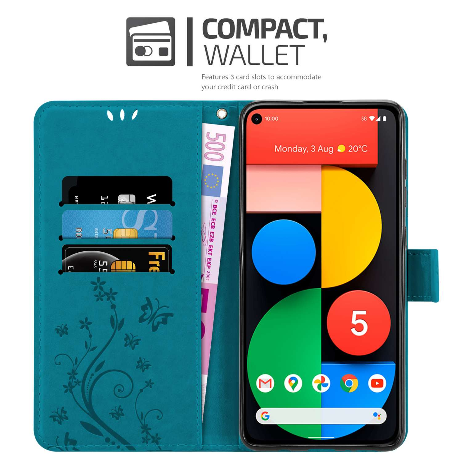 Una custodia per telefono verde acqua con un telefono all'interno. La custodia è aperta, con carte e denaro visibili.