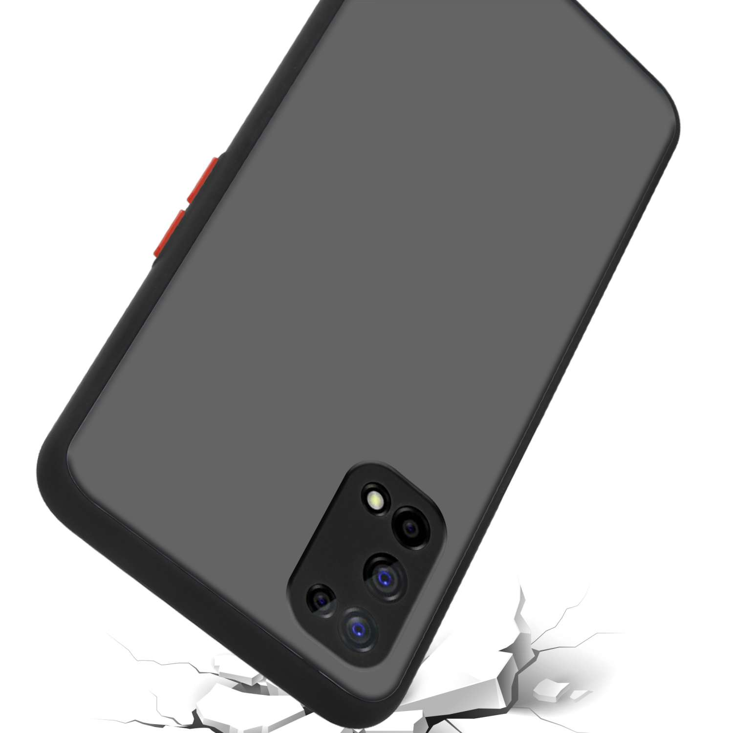 Una custodia per telefono. Il telefono è nero e la custodia è nera e rossa. Lo sfondo è bianco.