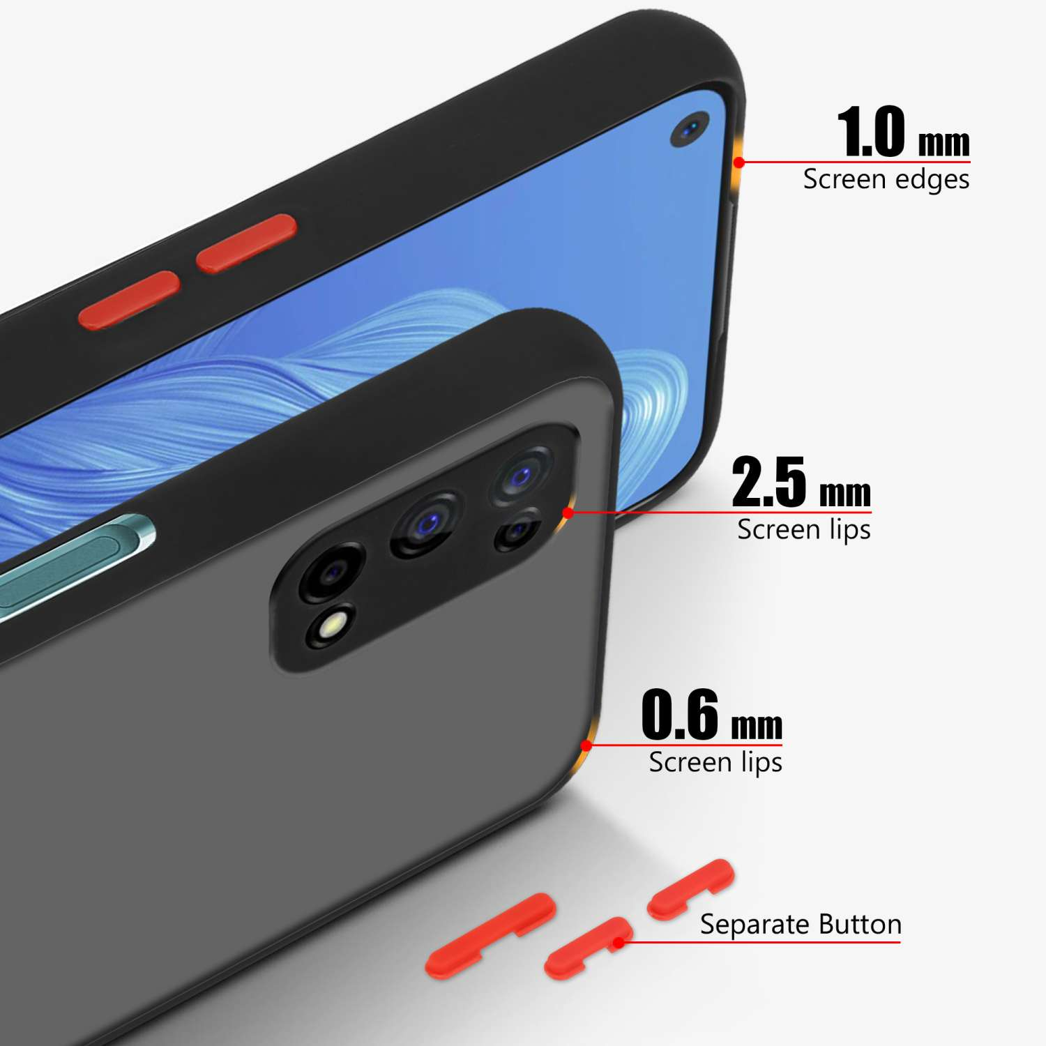 Custodia per telefono con misure: bordo 1,0 mm, labbra 2,5 mm, labbra 0,6 mm. Pulsanti rossi.