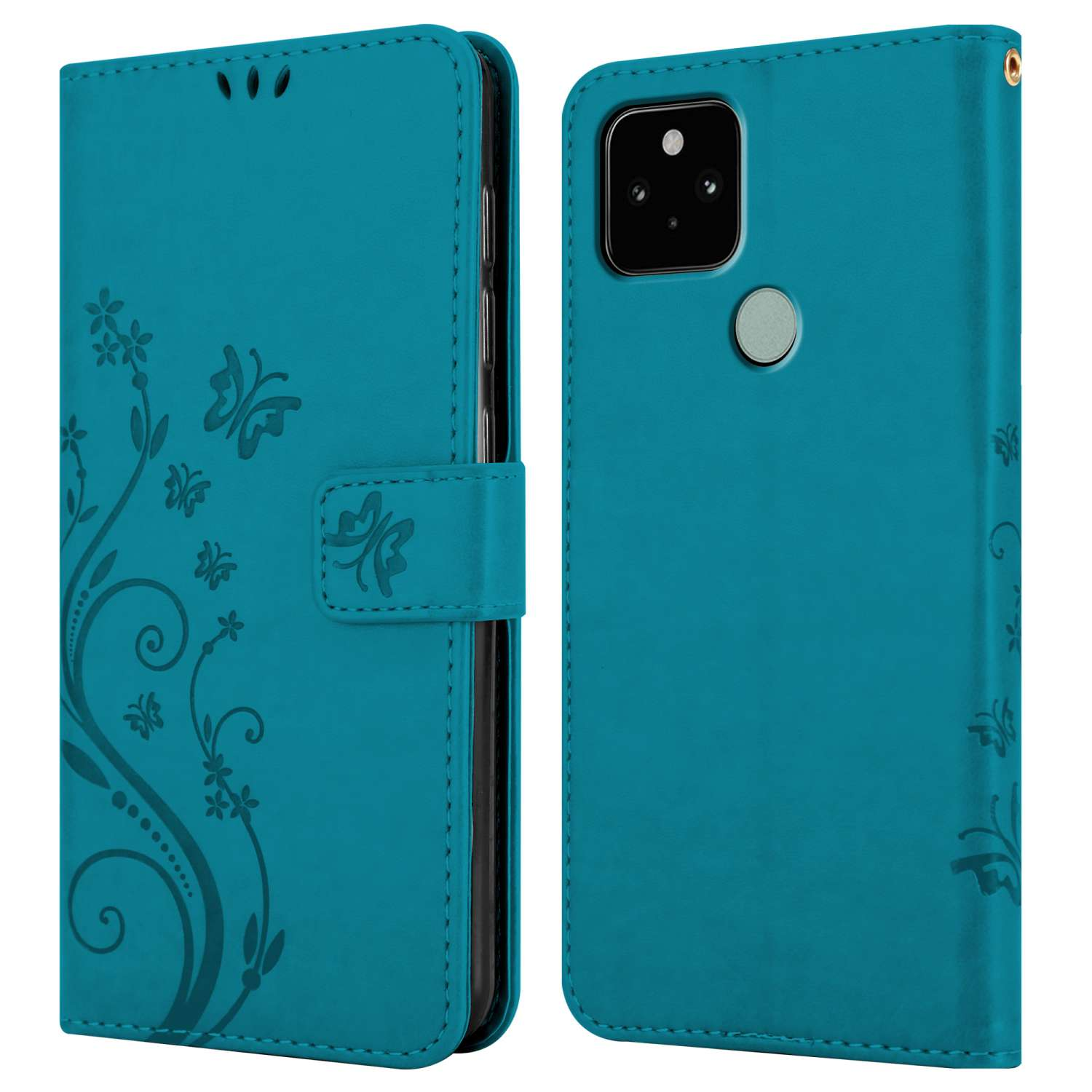 Custodia per telefono turchese, design floreale, con chiusura. Custodia aperta, che rivela il telefono. Sfondo bianco.