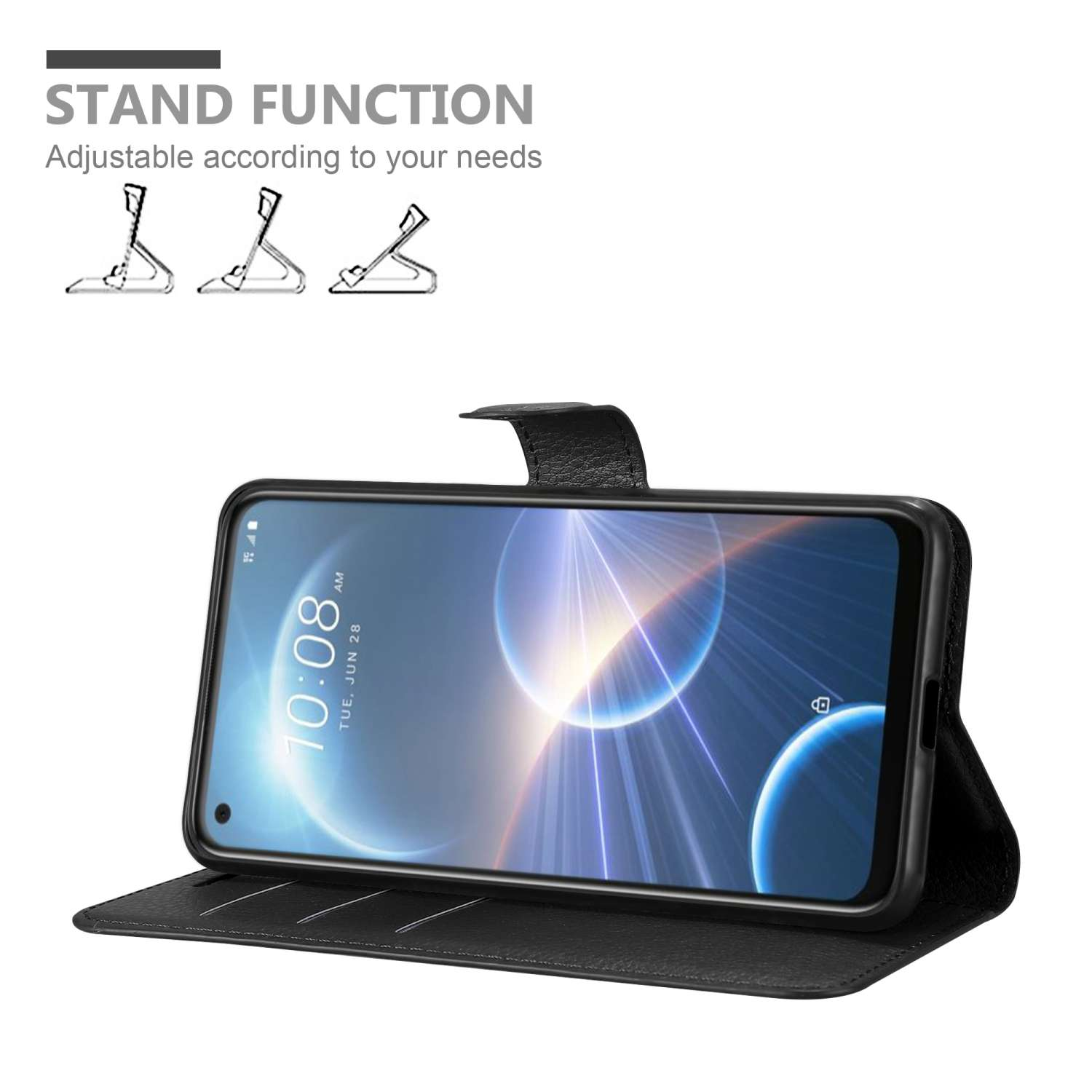 Custodia nera con telefono, funzione supporto. Testo in alto.