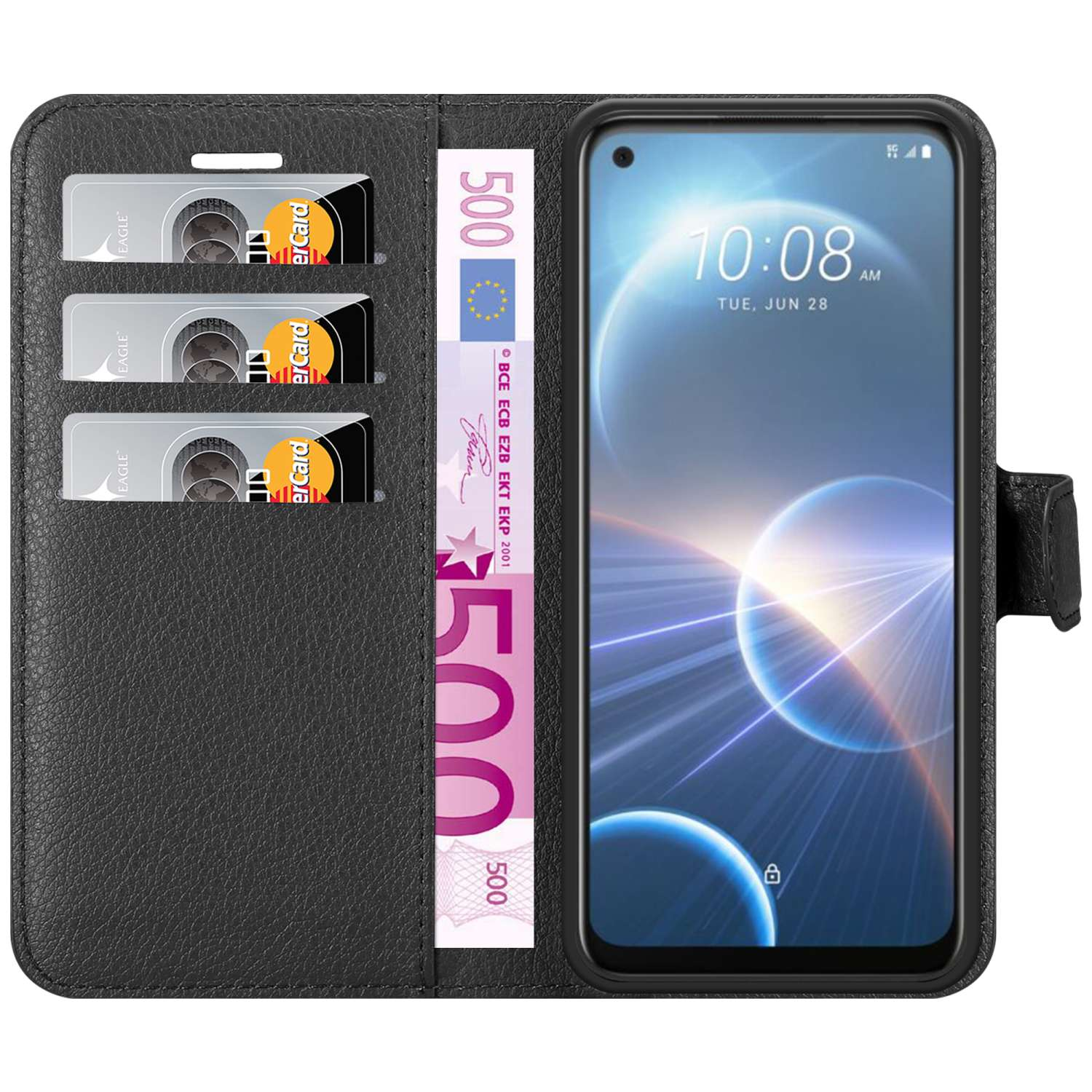 Custodia per telefono aperta nera a portafoglio con carte e denaro. Schermo del telefono visibile.