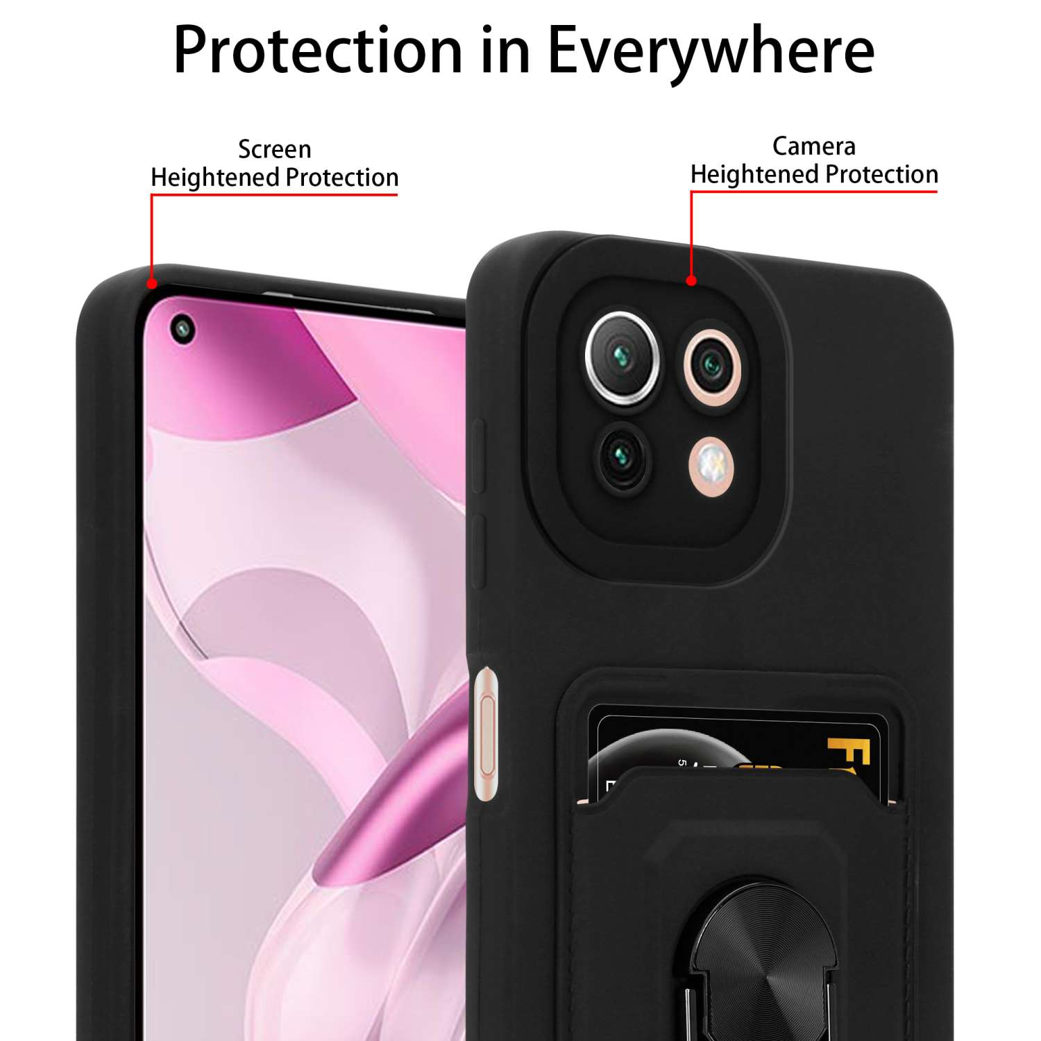 Schwarze Handyhülle auf einem Telefon. Die Hülle hat einen Bildschirm- und Kameraschutz. Es gibt auch einen Kartenhalter und einen Ring.