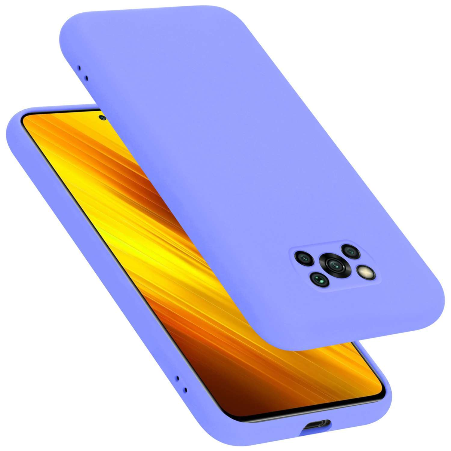 Eine hellviolette Handyhülle mit einem Telefonbildschirm. Die Hülle und der Bildschirm sind abgewinkelt. Telefon hat mehrere Rückkameras.