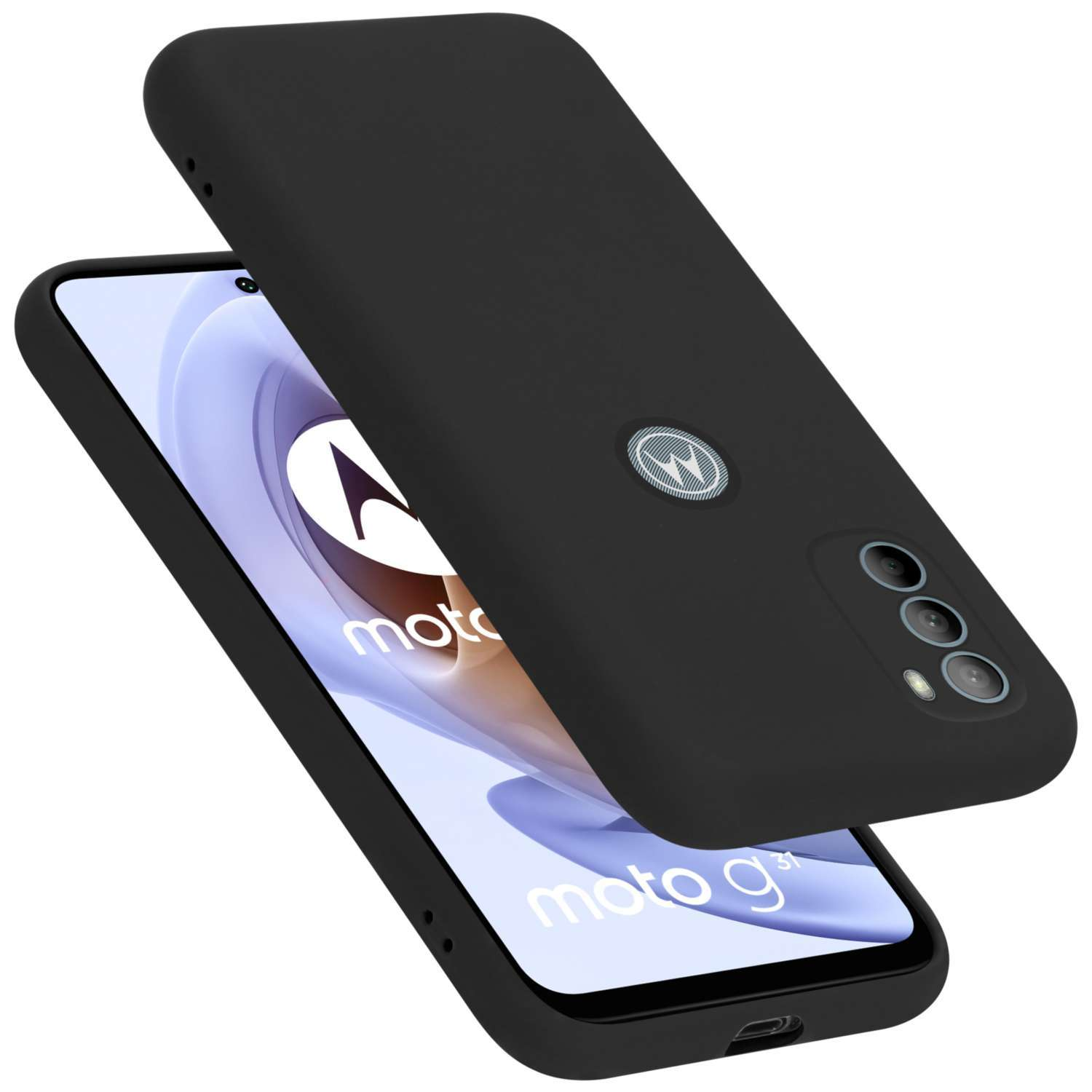 Schwarze Handyhülle über einem Telefon. Der Bildschirm zeigt den Modellnamen. Die Hülle hat das Logo der Marke.
