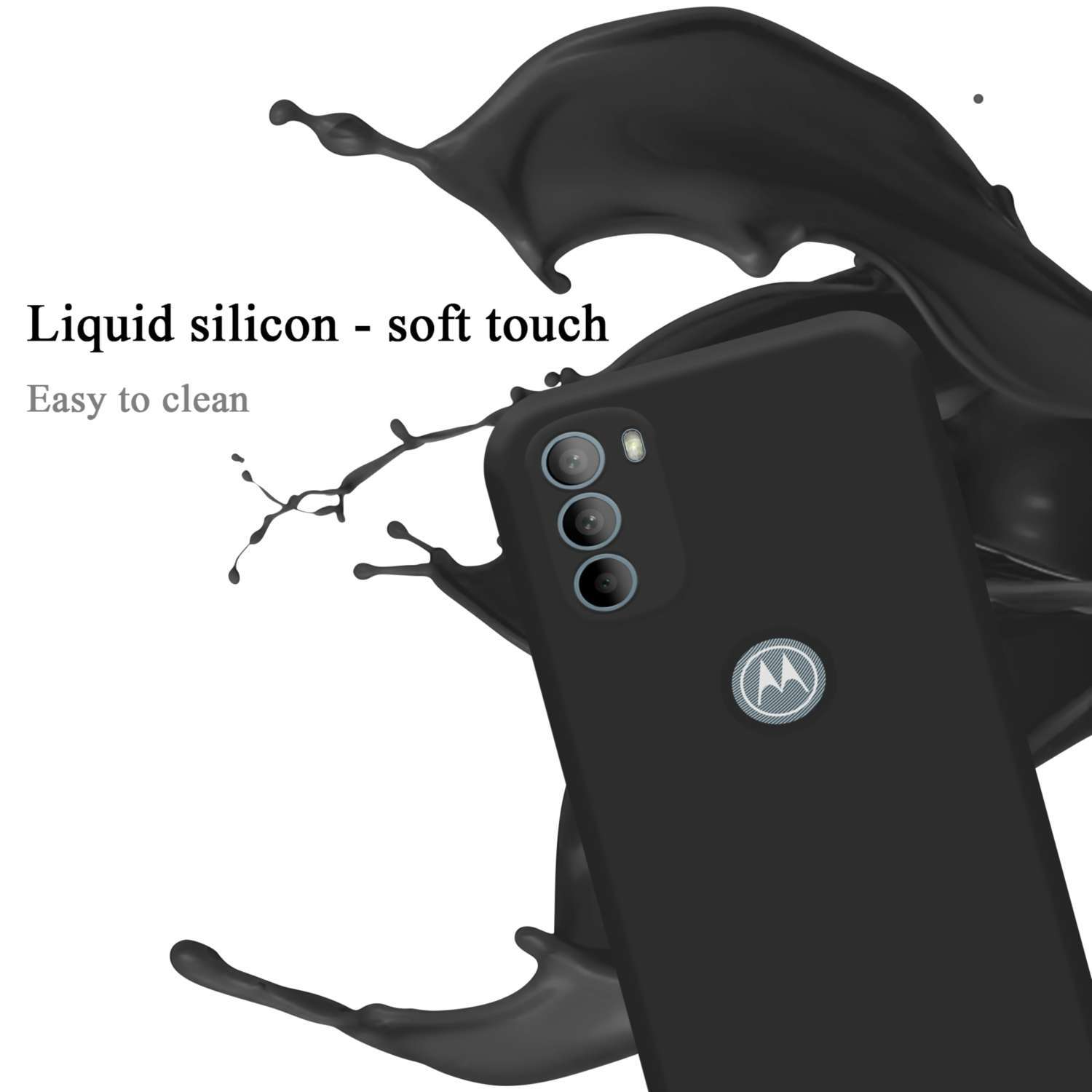Eine schwarze Handyhülle mit Flüssigsilikon und einem Telefon, mit schwarzem Flüssigkeitsspritzer, zeigt Soft-Touch.