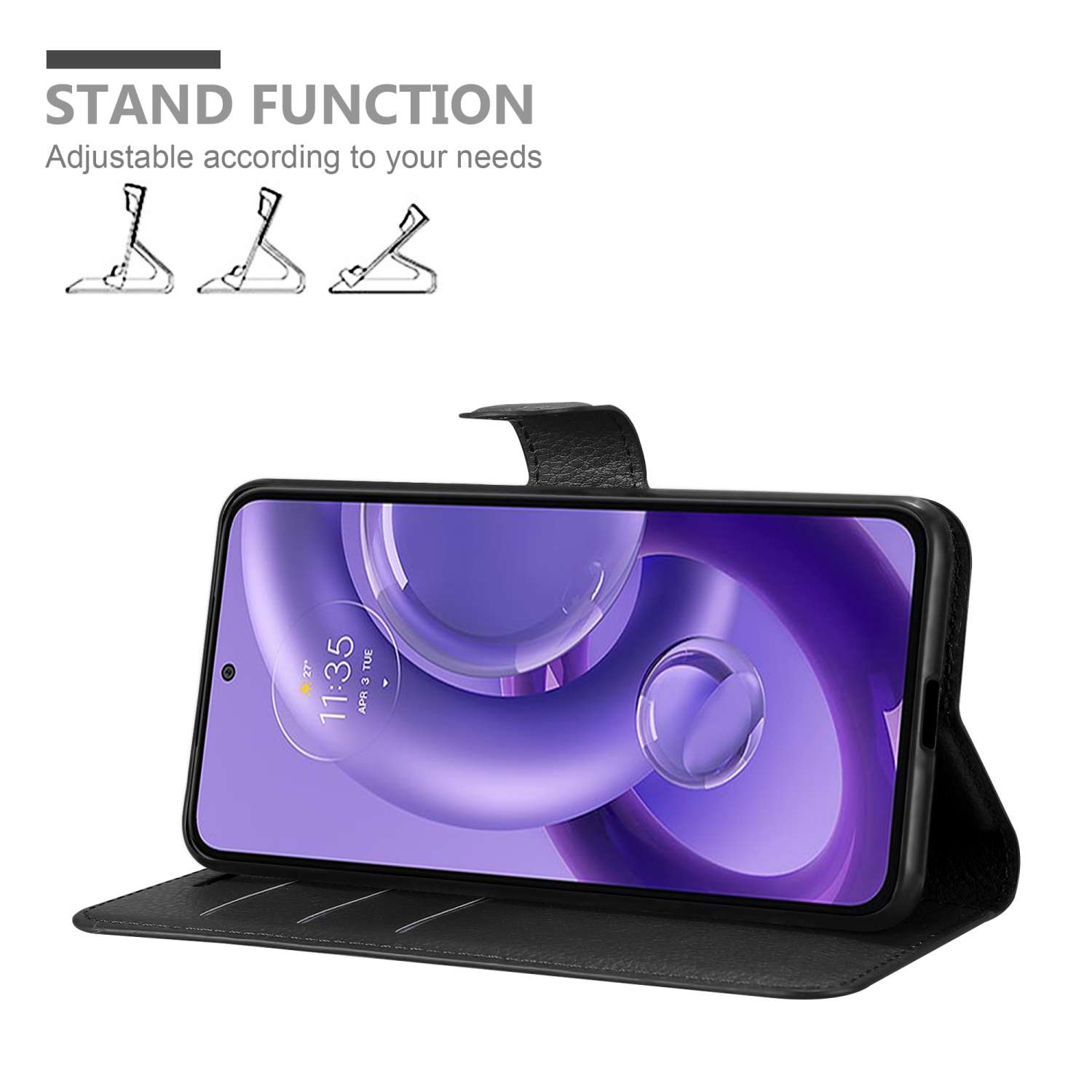 Custodia nera aperta, schermo telefono visibile. Grafica funzione stand.