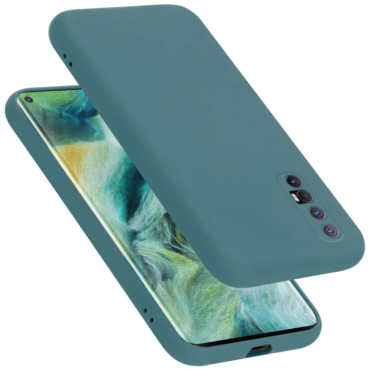 Türkis Handyhülle mit Telefon, vor weißem Hintergrund. Hülle hat drei Kameras.
