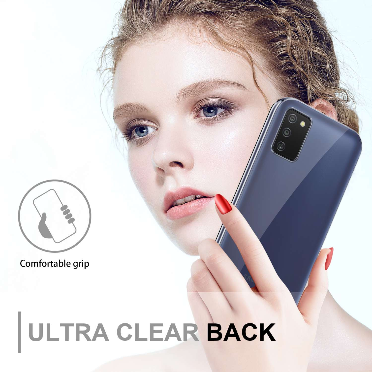 Donna che tiene in mano un telefono con custodia trasparente. Testo: Ultra Clear Back, Impugnatura confortevole.