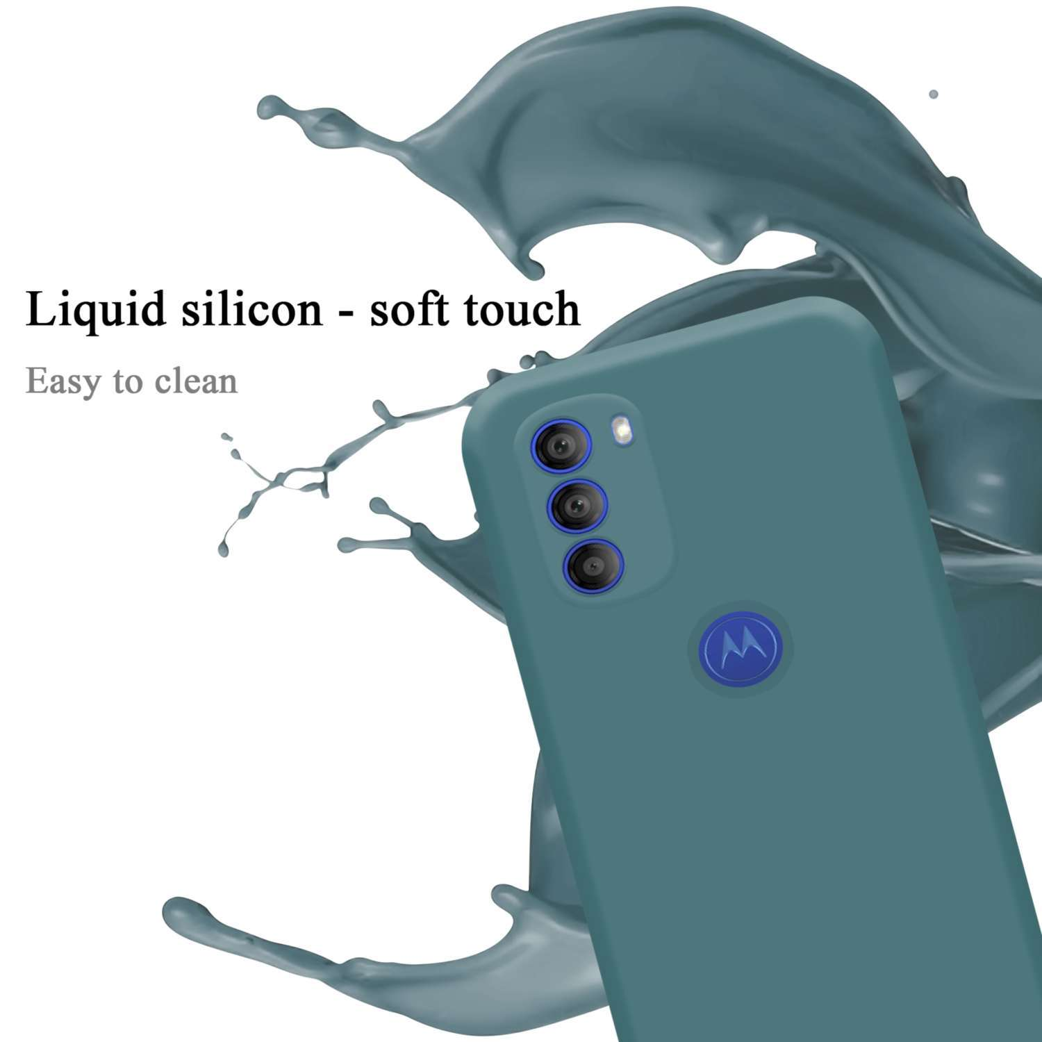 Una custodia per telefono verde acqua con tre obiettivi della fotocamera, con un'etichetta in silicone liquido - soft touch.
