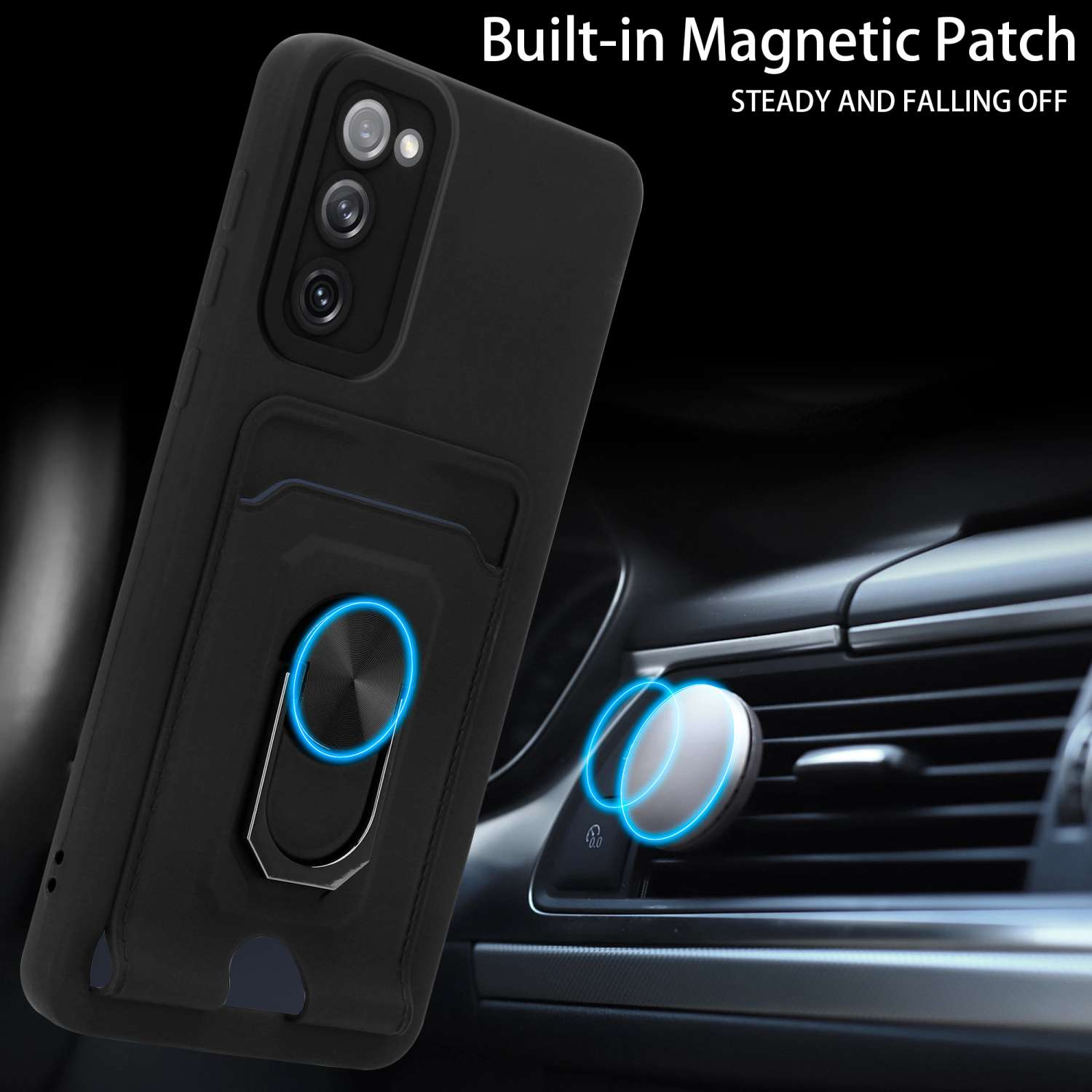 Coque de téléphone noire avec anneau et porte-cartes, placée sur le tableau de bord d'une voiture avec support magnétique.